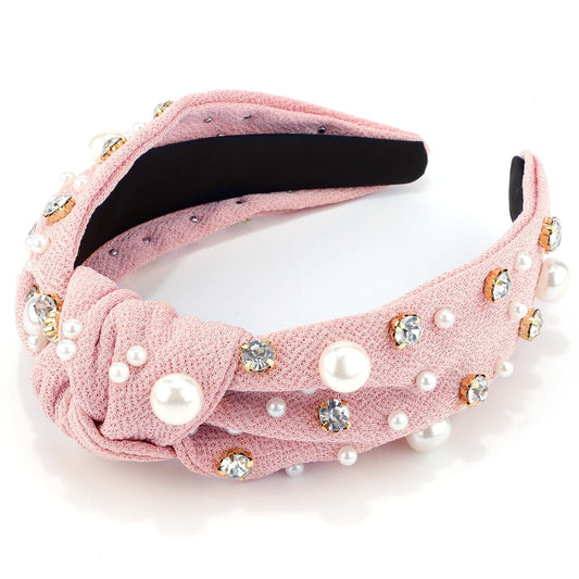 VELSCRUN Light Pink Headband Pearl Knotted Headbands for Women Girls White Pearl Rhinestone Crystal Hair Band Top Knot Wide Head Band Holiday Headband Gifts for Mothers Sisters Hair Accessories