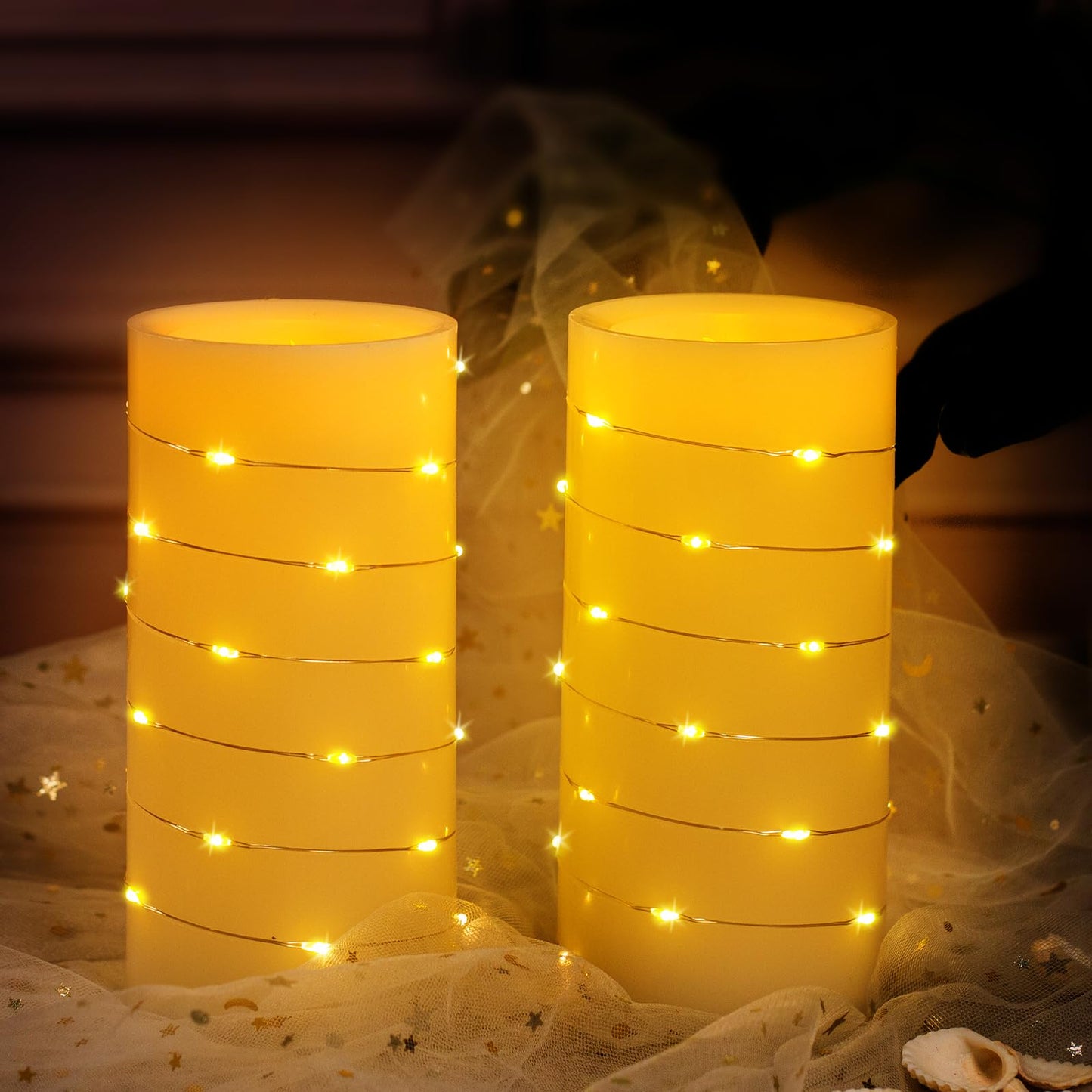 BeMoment Battery Operated Led Candles - Flameless Candles with String Lights and Remote, Flickering Candles with Timer, Table Electric Candle Set of 2, for Bedroom, Wedding, Home Decor