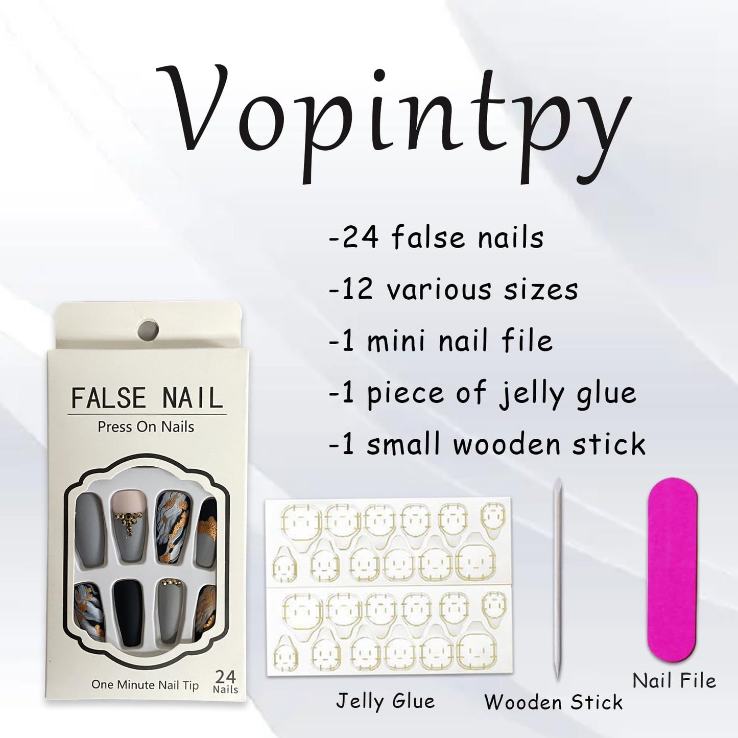 Gold Foil Rhinestones Press on Nails Long Coffin Nails Gray Marble Fake Nails Reusable Artificial False Nails Full Cover Stick on Nails with Glue on Nails for Women DIY Charm Manicure