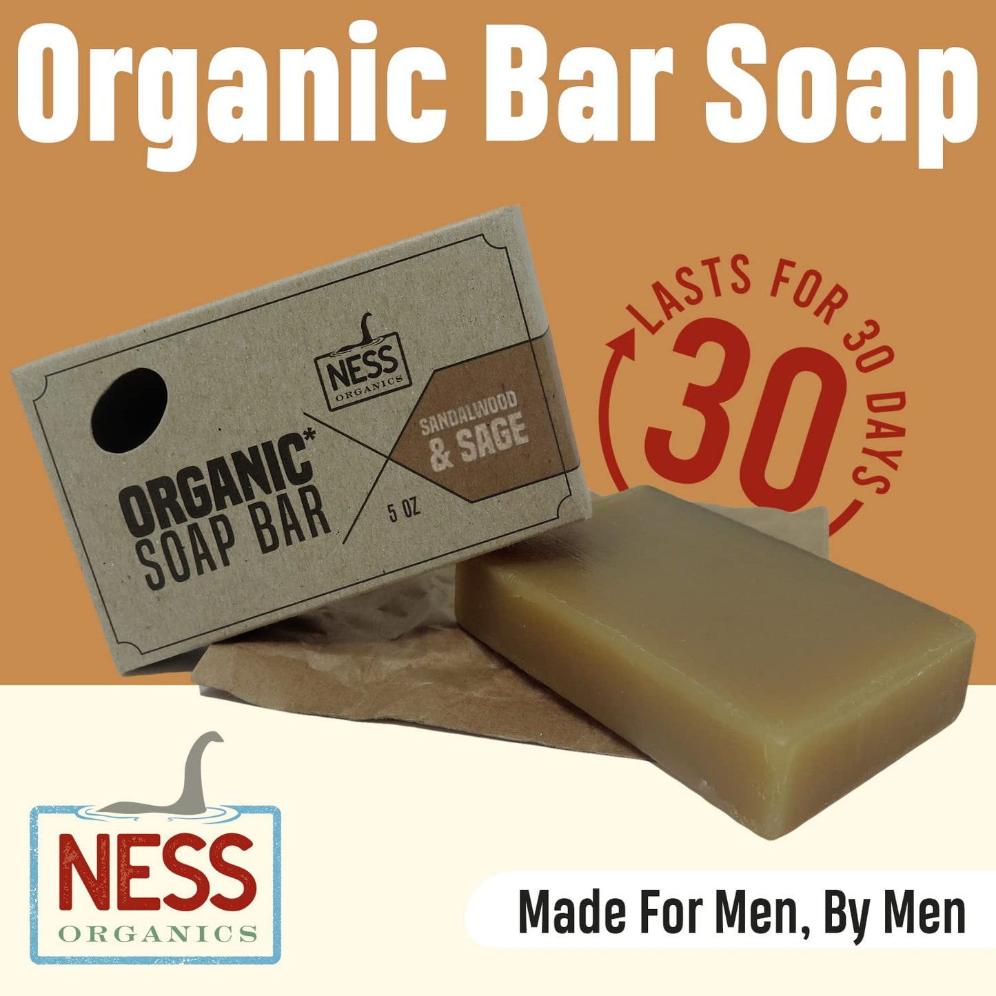 Ness Mens Soap Bar - Sandalwood & Sage Scent, Natural Soap For Men With Organic Ingredients, Mens Bar Soap With Essential Oils, Moisturizing Bar Soap For Men, Handmade In The USA, Cruelty Free, Vegan