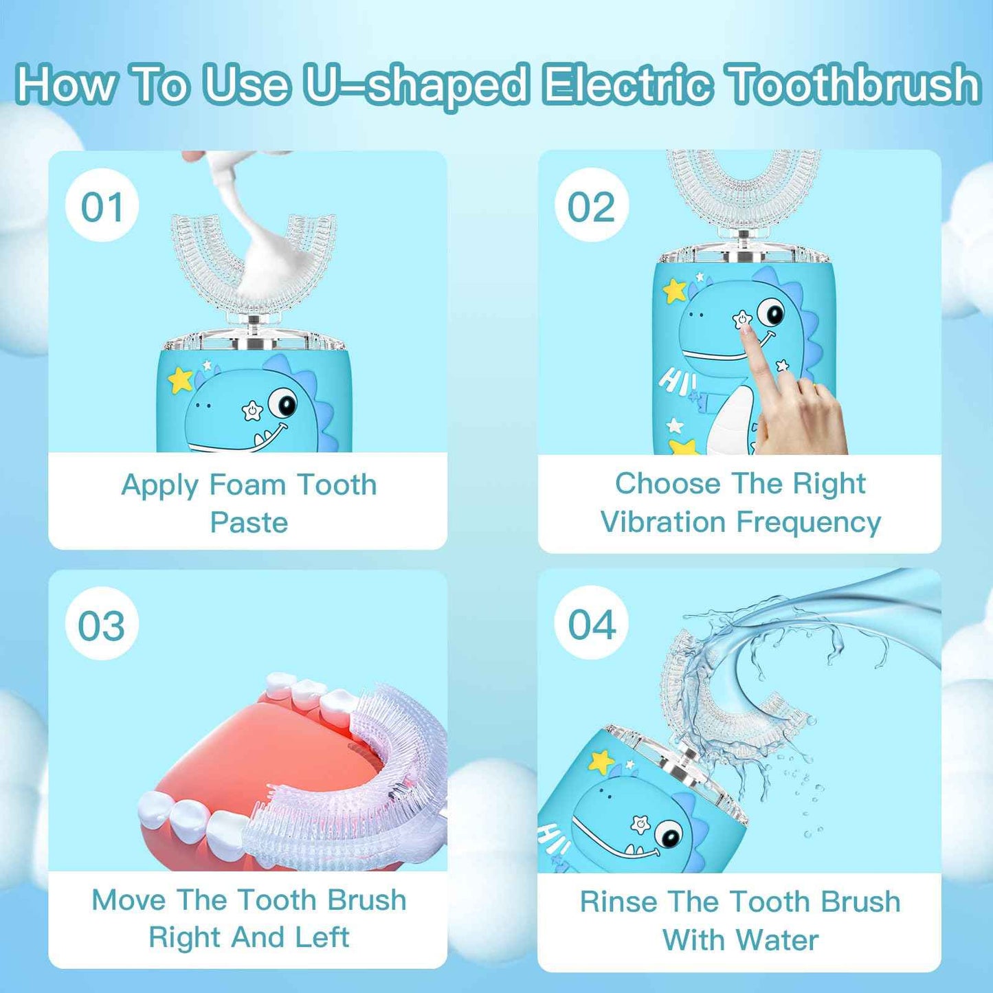 PVOGRT Kids Electric U Shaped Toothbrush,Kids Dinosaur Sonic Full Mouth Toothbrush with 4 Soft Brush Head Automatic 6 Cleaning Modes IPX7 Waterproof 360 Degree Cleaning - Age2-7 Blue