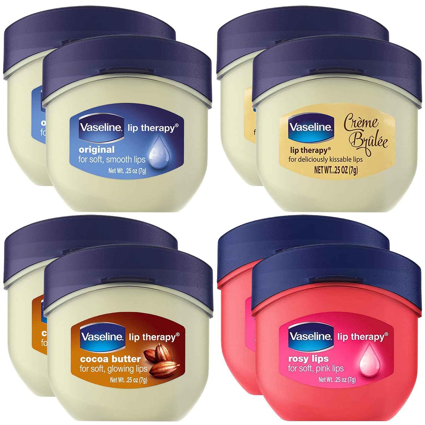 Vaseline Lip Therapy Variety 8-Pack – Original, Crème Brûlée, Rosy Lips, Cocoa Butter Mini Lip Balms for Soft, Glowing, and Deliciously Kissable Lips, 0.25 Oz Ea