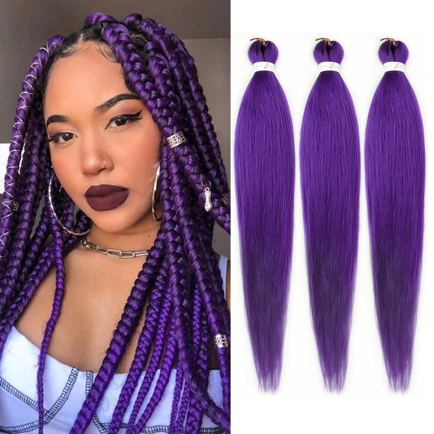 Purple Braiding Hair Pre stretched 14 Inch 3 Packs Kanekalon Pre-stretched Braiding Hair EZ Braid Yaki Texture Synthetic Hair Extensions for Crochet Box Braids