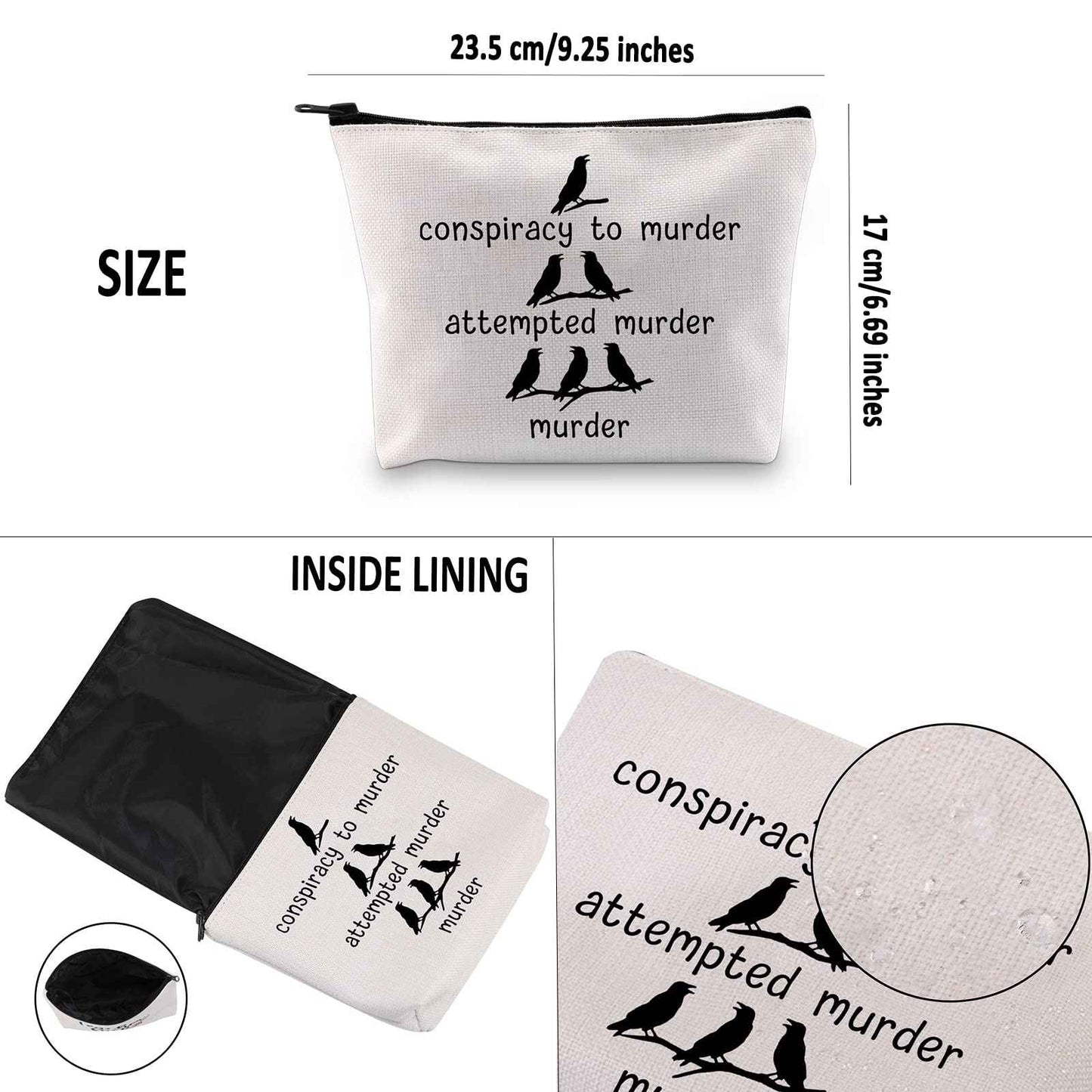 G2TUP Crow Lover Gift Conspiracy To Murder Makeup Bag Black Crow Cosmetic Bag Bird Lover Gift Bird Watching Gift True Crime Zipper Travel Bag (Conspiracy To Murder White Bag)