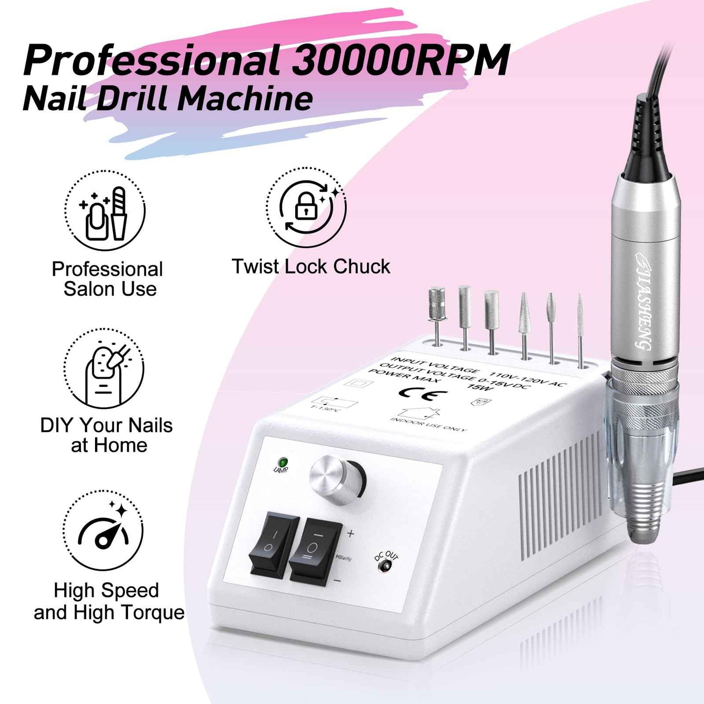 Jiasheng Electric Nail Drill, 30000rpm Professional Nail Drill Machine, Compact Electrical Nail File Kit for Acrylic Gel Nails Efile Drill for Manicure and Pedicure Salon Use White