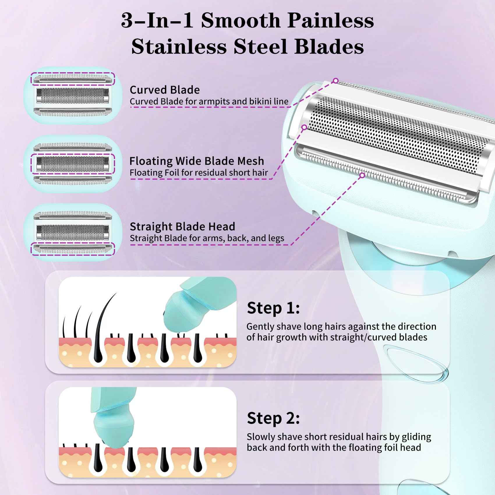 Glide Pro 3.0 Razor for Women, Livora Electric Shaver for Women, Silk Glide Pro Shaver, 2 in 1 Wet & Dry Waterproof Electric Shaver with Removable Head for Leg Arm Underarm Bikini Area (Blue)