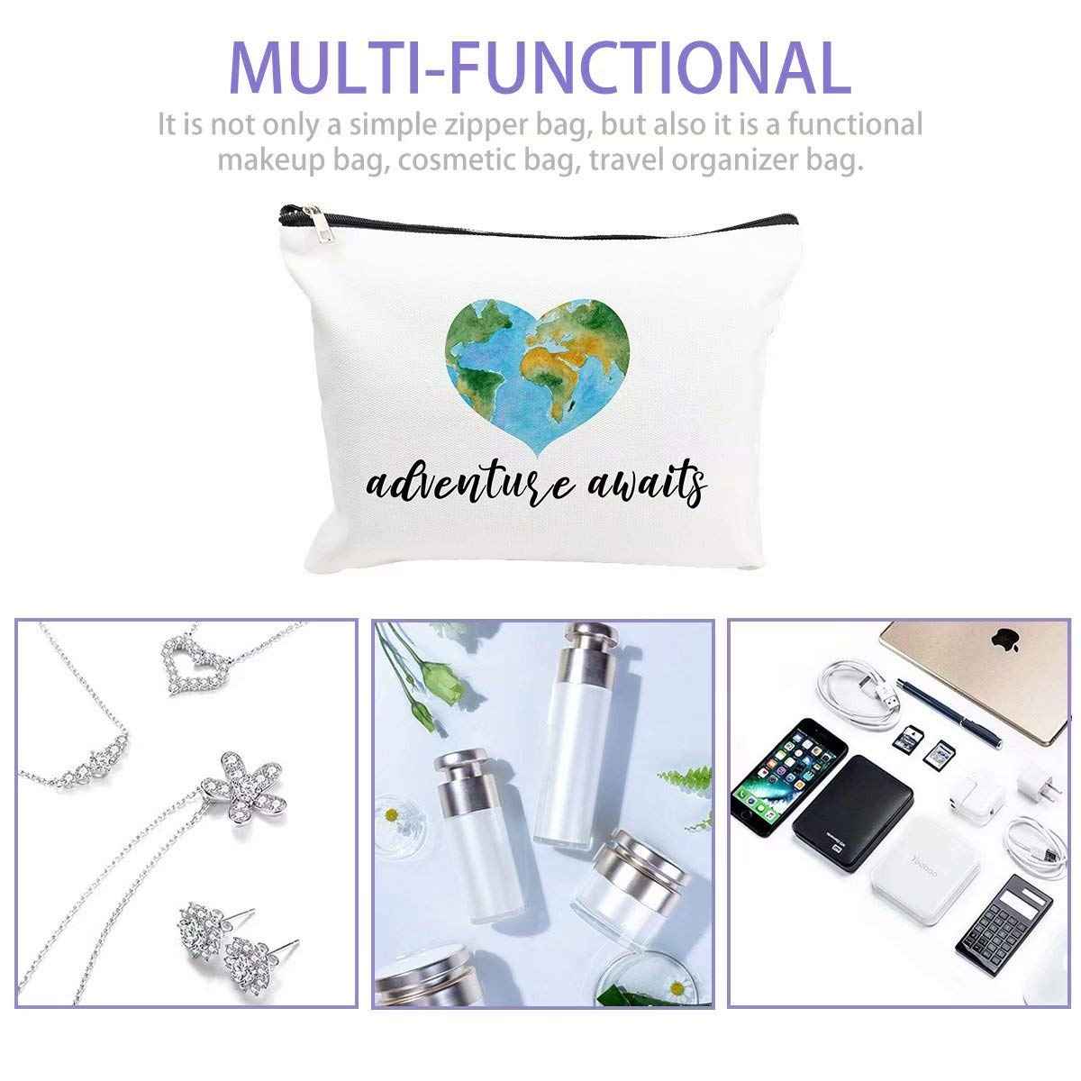 Cokosoxo Travel Bag Adventure Awaits Cosmetic Bag Nature Linen Cotton World Map Makeup Case Great Gift for Women Friends Bestie Daughter Graduation Friendship Birthday Gifts,10x7.5 Inch