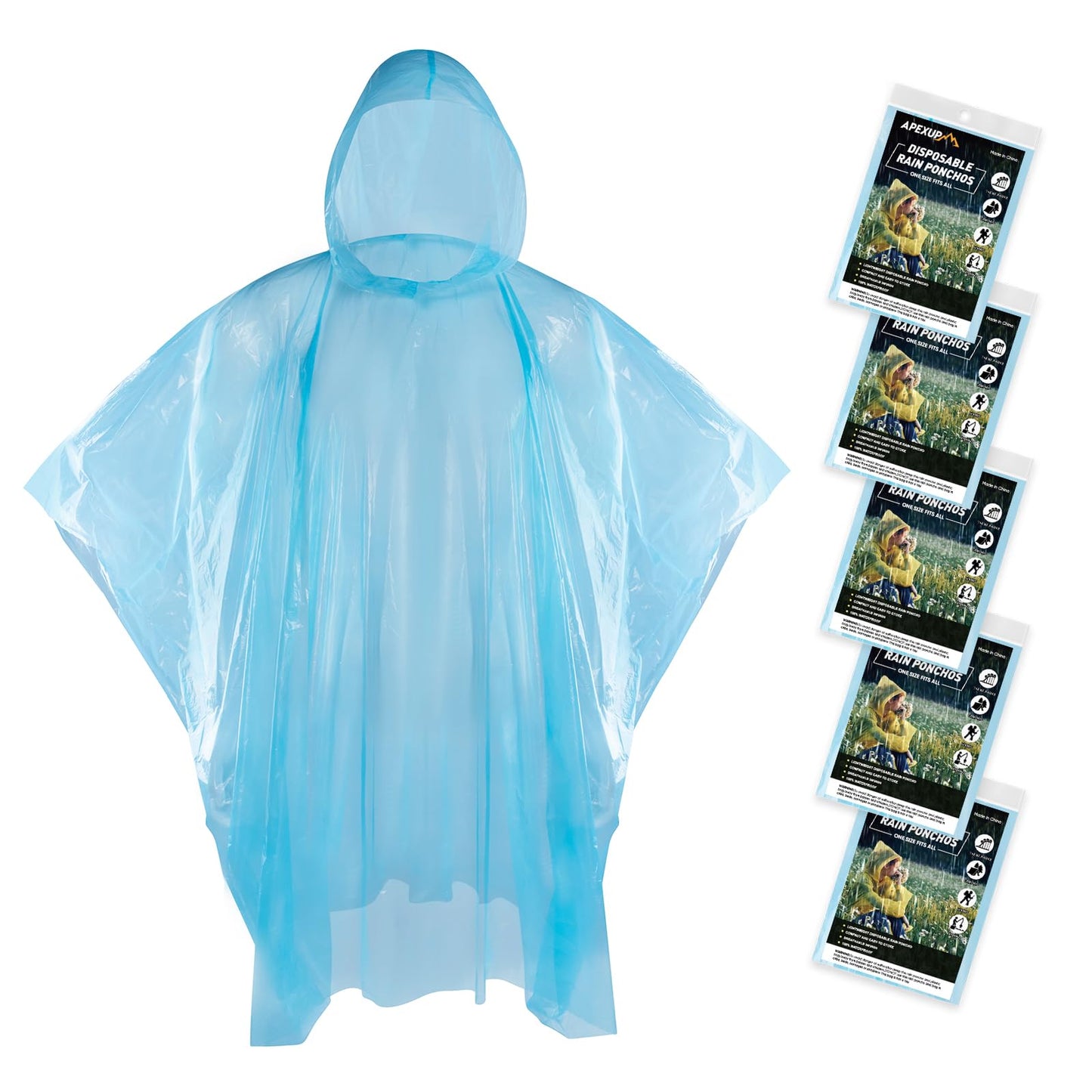 APEXUP Emergency Disposable Rain Ponchos for Adults for Camping Hiking Travelling,Blue (5 Pack)