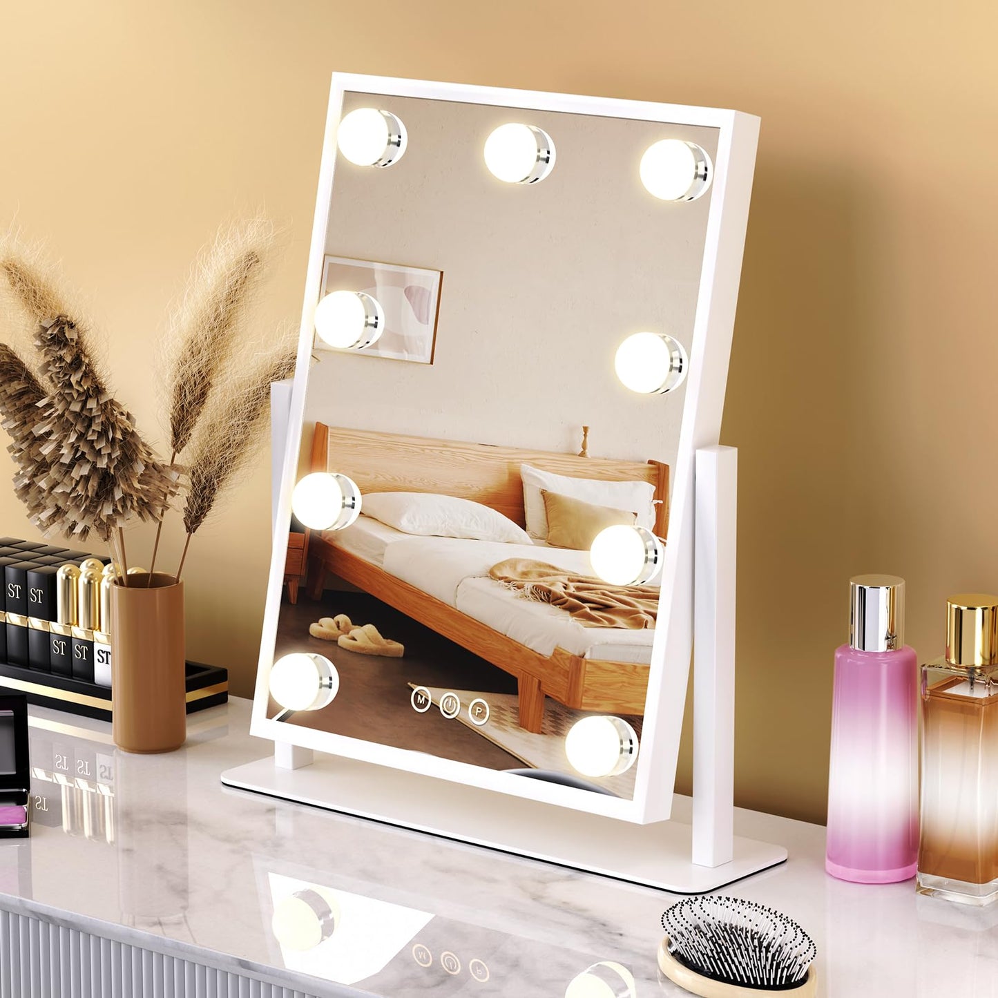 Vanity Mirror with Lights, Lighted Makeup Mirror Hollywood Makeup Mirror with 9 Dimmable Bulbs and 3 Color Lighting Modes, Smart Touch Control, 360°Rotation