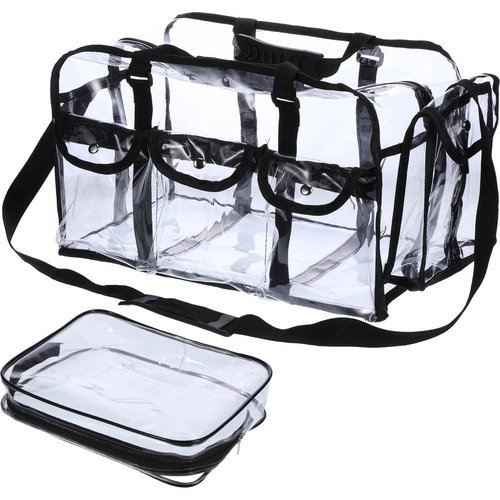 Abbylike 2 Pcs Large Professional Clear PVC Travel Makeup Bag with 4 External Pockets and Shoulder Strap Zippered Toiletry Bags for Women(Black)