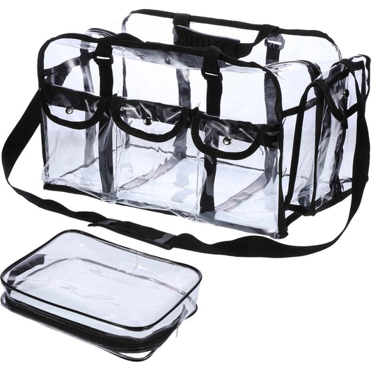 Abbylike 2 Pcs Large Professional Clear PVC Travel Makeup Bag with 4 External Pockets and Shoulder Strap Zippered Toiletry Bags for Women(Black)
