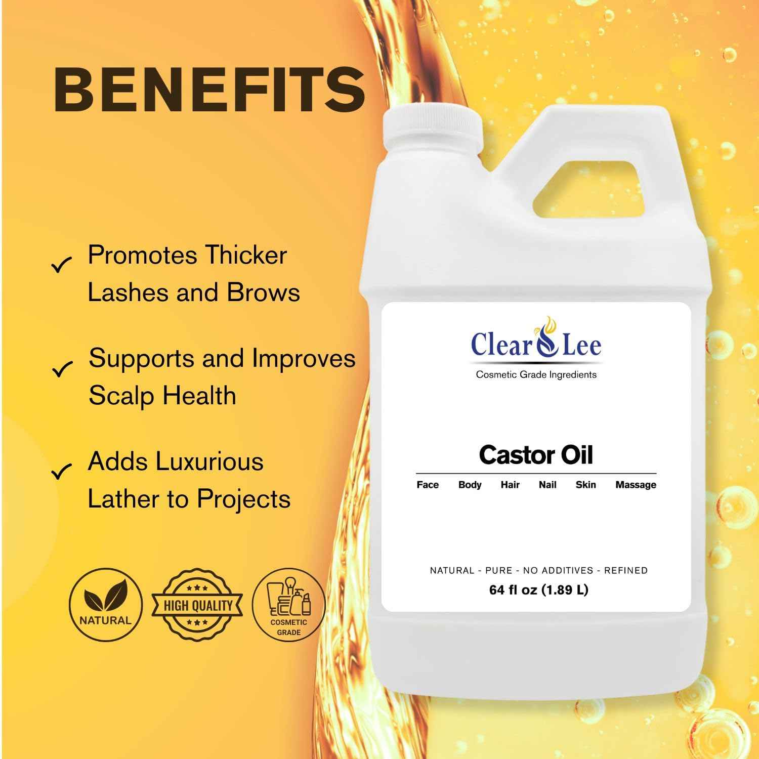 ClearLee Castor Oil - Cosmetic Grade Natural & Pure Oil for Massage, Body, Hair, Skin, Face, Nail, Spa, Aromatherapy Carrier for Essential Oils, Soap Making, Serums & more (64 oz)