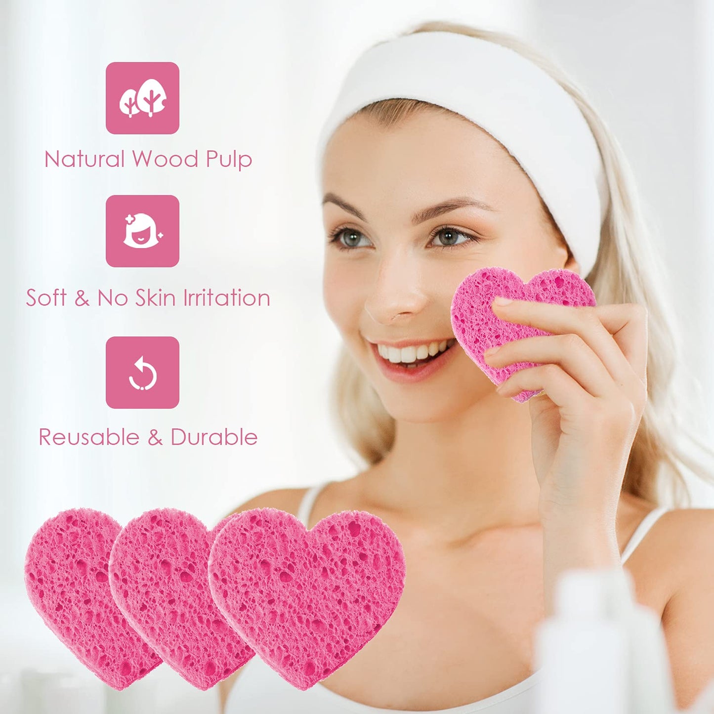 60 Pieces Facial Sponges with Container, Heart Shape Compressed Face Sponge Natural Sponge Pads for Washing Face Cleansing Exfoliating Esthetician Makeup Removal (Pink)