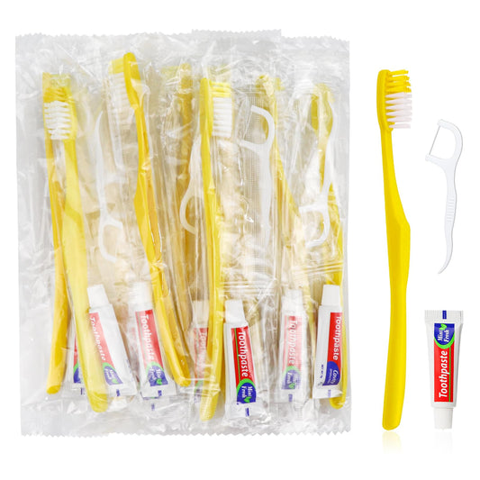 FAOEHN 100pcs Disposable Toothbrushes with Toothpaste and Floss,Yellow Bulk Single Use Toothbrush Floss Pick Individually Wrapped Disposable Travel Toothbrushes Kit for Homeless,Airbnb,Hotel,Guest