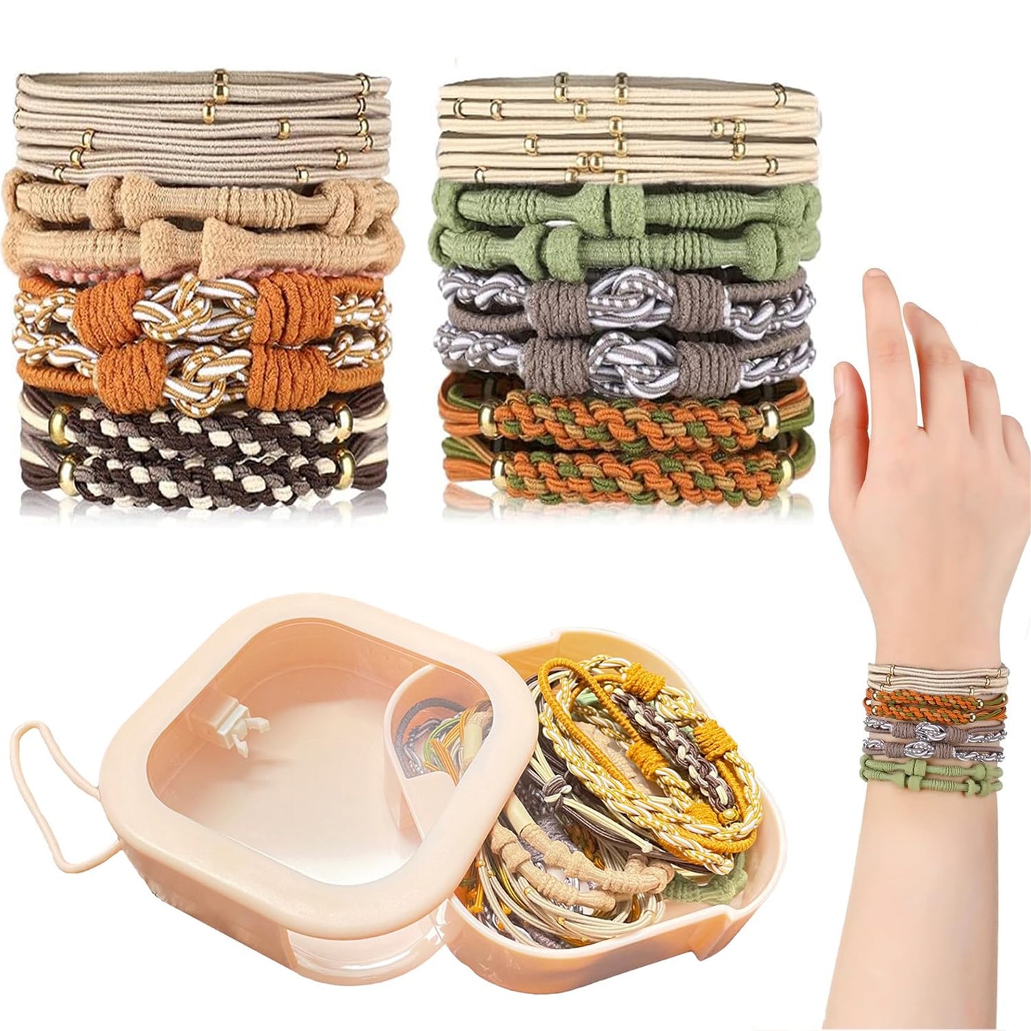 Hair Tie Organizer With 16 PCS Boho Elastic No Damage Bracelet Hair Ties for Thick Thin Hair, Hair Rubber Bands Bracelets, Ponytail Holders for Girls,Portable Travel Qtip Holder Desktop Organizer