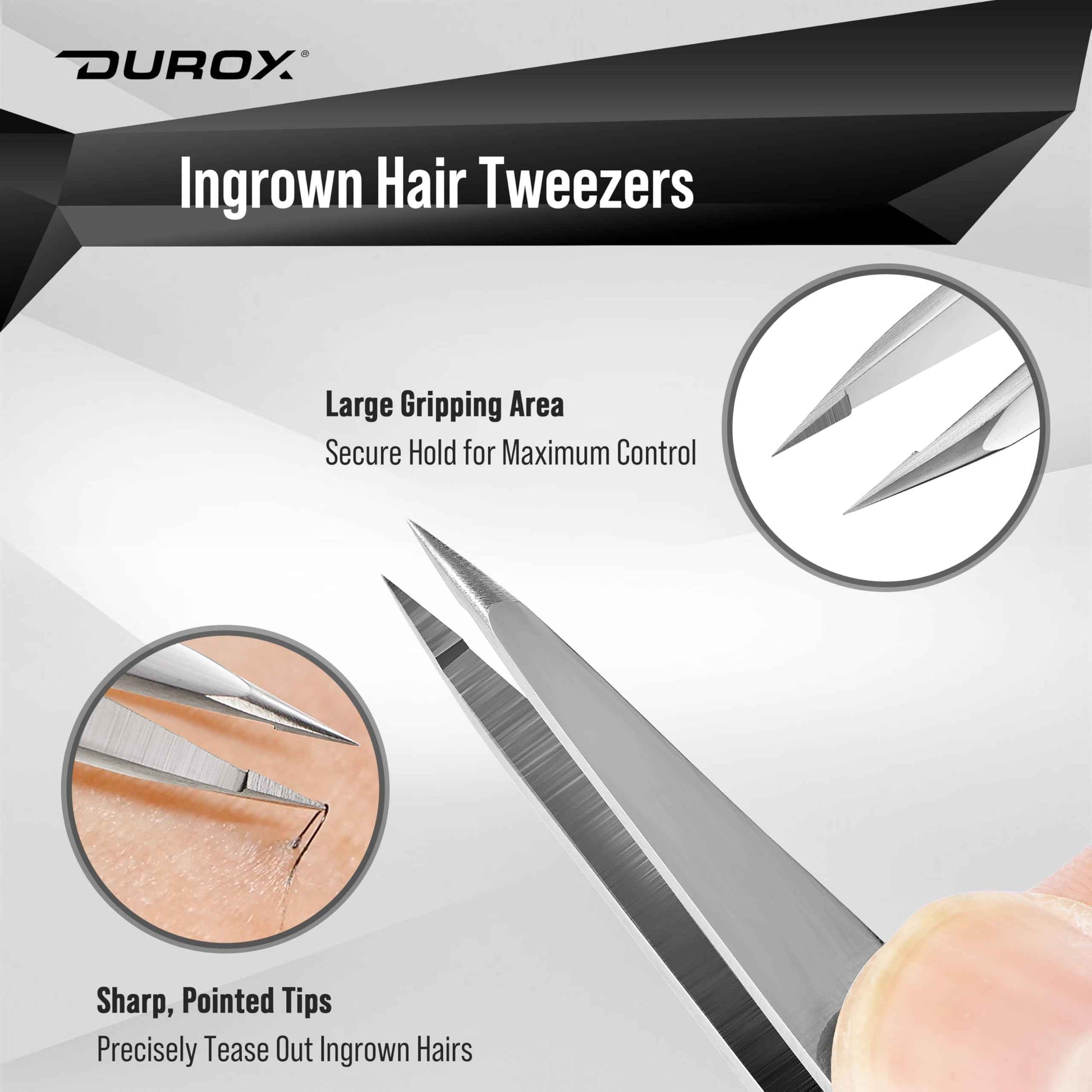 DUROX 3-Piece Tweezer Set — 1.Pointed Ingrown Hair Tweezers, 2.Fine-Tip Splinter Tweezers, 3.Safety Round Tip for Facial & Chin Hair Removal. Made of stainless steel. Protective pouch for safe storage