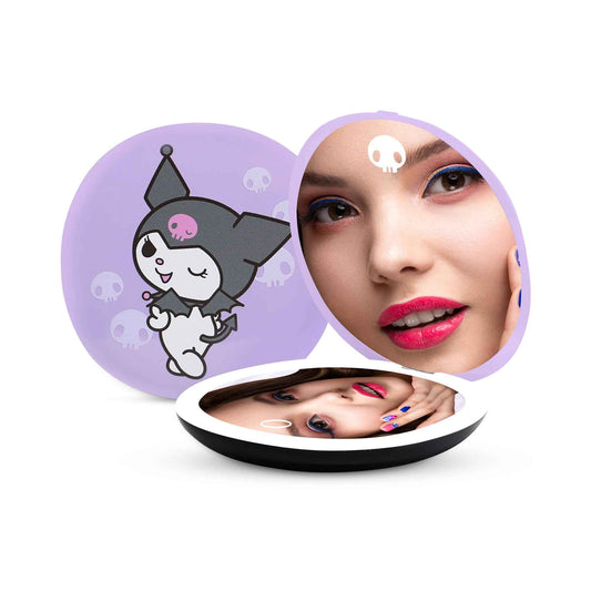 Impressions Vanity Kuromi Portable Round LED Compact Mirror for Purse, Lighted Travel Makeup Mirror with 3X Magnification, Daylight LED Lighting, Adjustable Brightness and Soft Touch Sensor