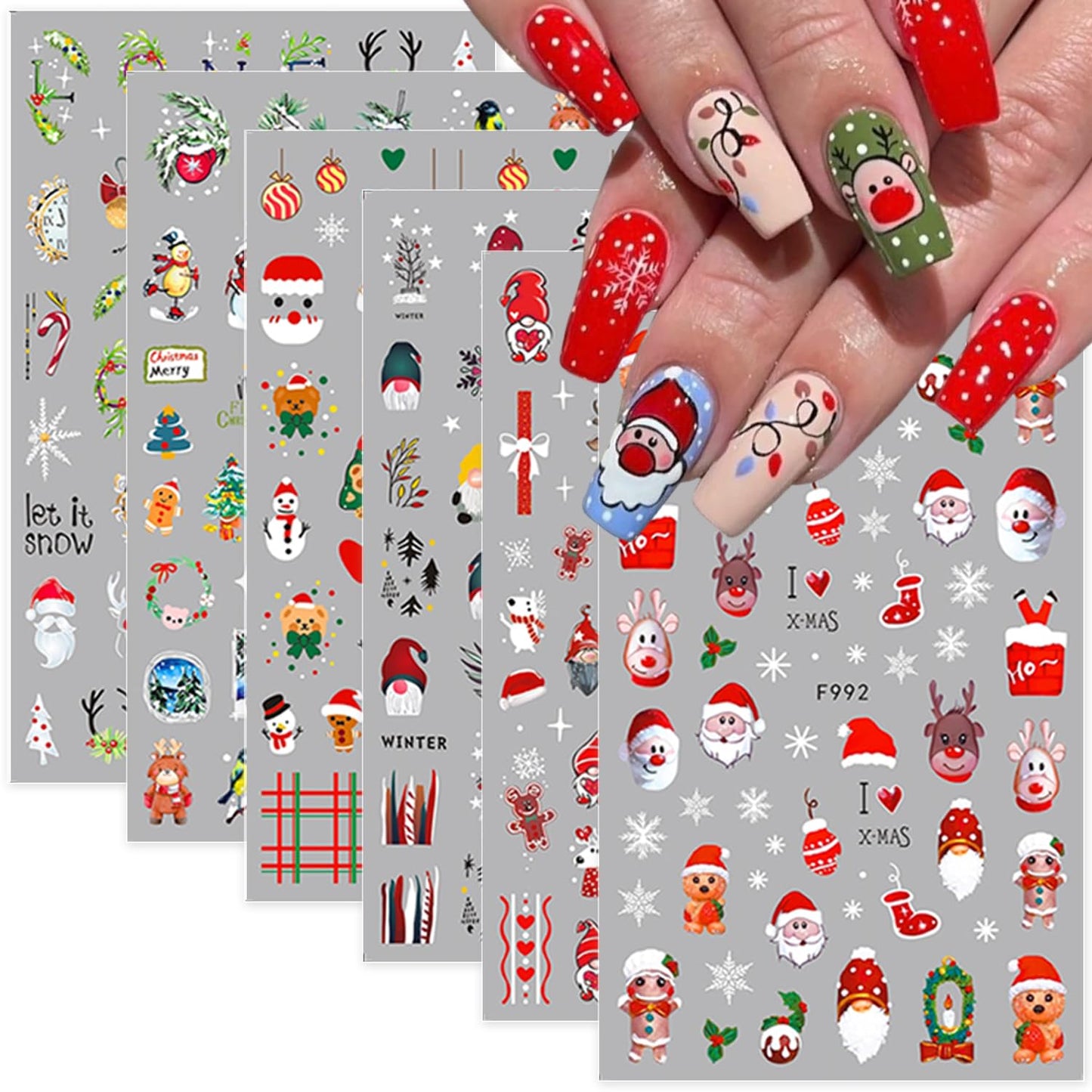 10 Sheets Christmas Nail Art Stickers Decals 3D Santa Claus Elk Nail Stickers Cute Cartoon Designs Stickers Winter Holiday Nail Decals for Women Girls Acrylic Nail Supplies Xmas Manicure Decoration