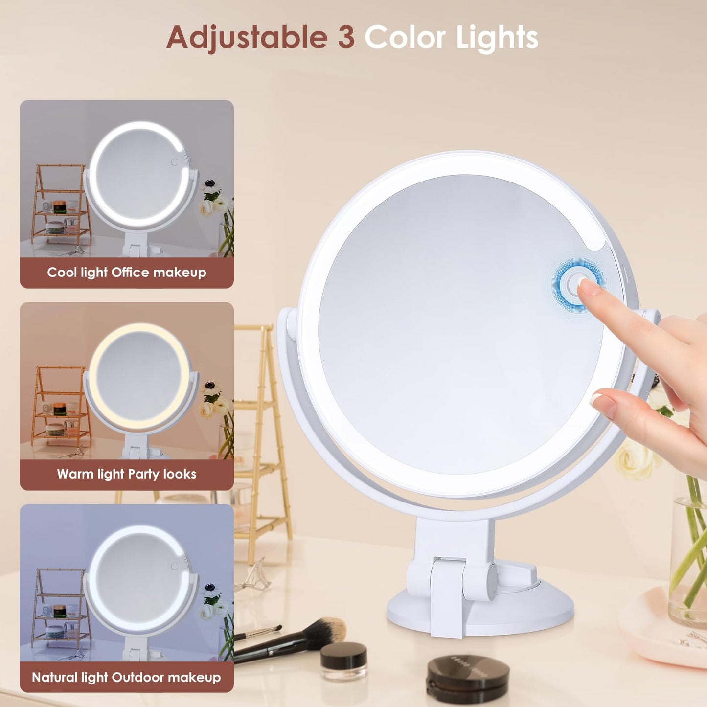 1X 10X Magnifying Shower Mirror with Lights, Rechargeable Lighted Manification Shaving Mirror No Drilling Locking Suction Mount, Double Sided 360° Bathroom Mirror for Men, Tabletop Makeup Mirror