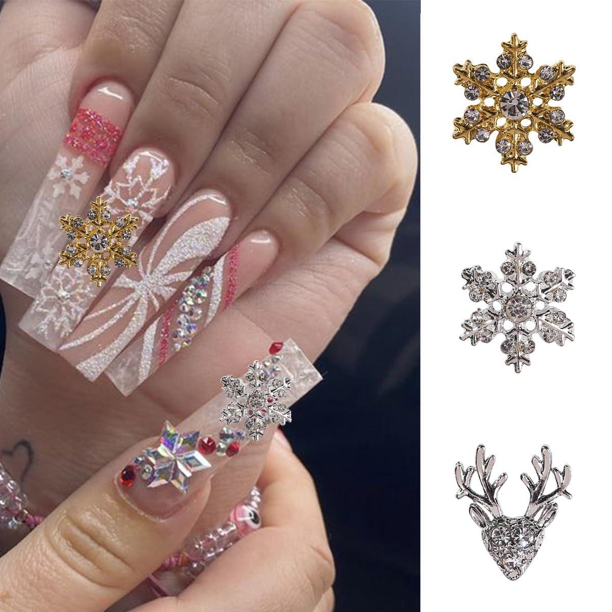 Christmas Nail Art Charms- 12Pcs Gold Silver Elk Snowflake Nail Charms D Alloy Shiny Designs Snow Elk Nail Gems with Rhinestones Winter Christmas Charms for Acrylic Nails Women DIY Manicure Supplies