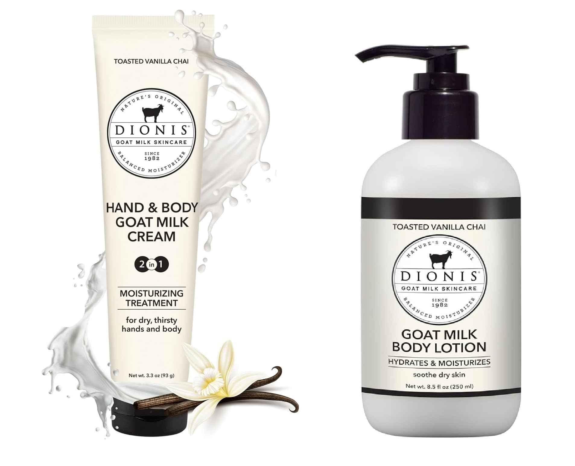 Dionis Goat Milk Skincare Bundle - Vanilla Chai Hand & Body Cream (3.3 oz Travel Size) & Body Lotion (8.5 oz Full Size), Moisturizing Set for Dry and Sensitive Skin, Cruelty-Free and Paraben-Free