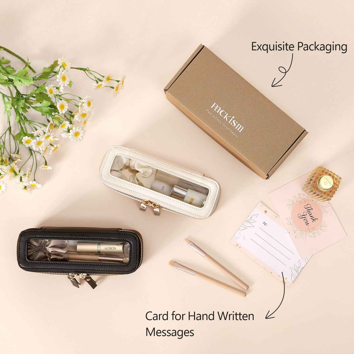 PACKISM Slim Clear Makeup Brush Bag, Pebbled Texture & Hard PU Leather Small Cosmetic Brush Holder, Mini Toiletry Bag Make up Bags with Message Card, Cute Travel Essentials Bag (Black)