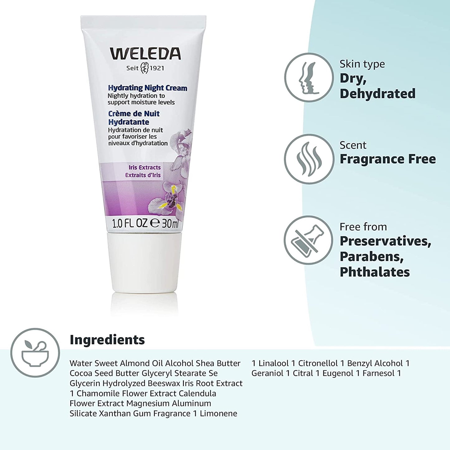 Weleda Hydrating Night Face Cream, 1 Fluid Ounce, Plant Rich Moisturizer with Iris Root, Calendula and Chamomile