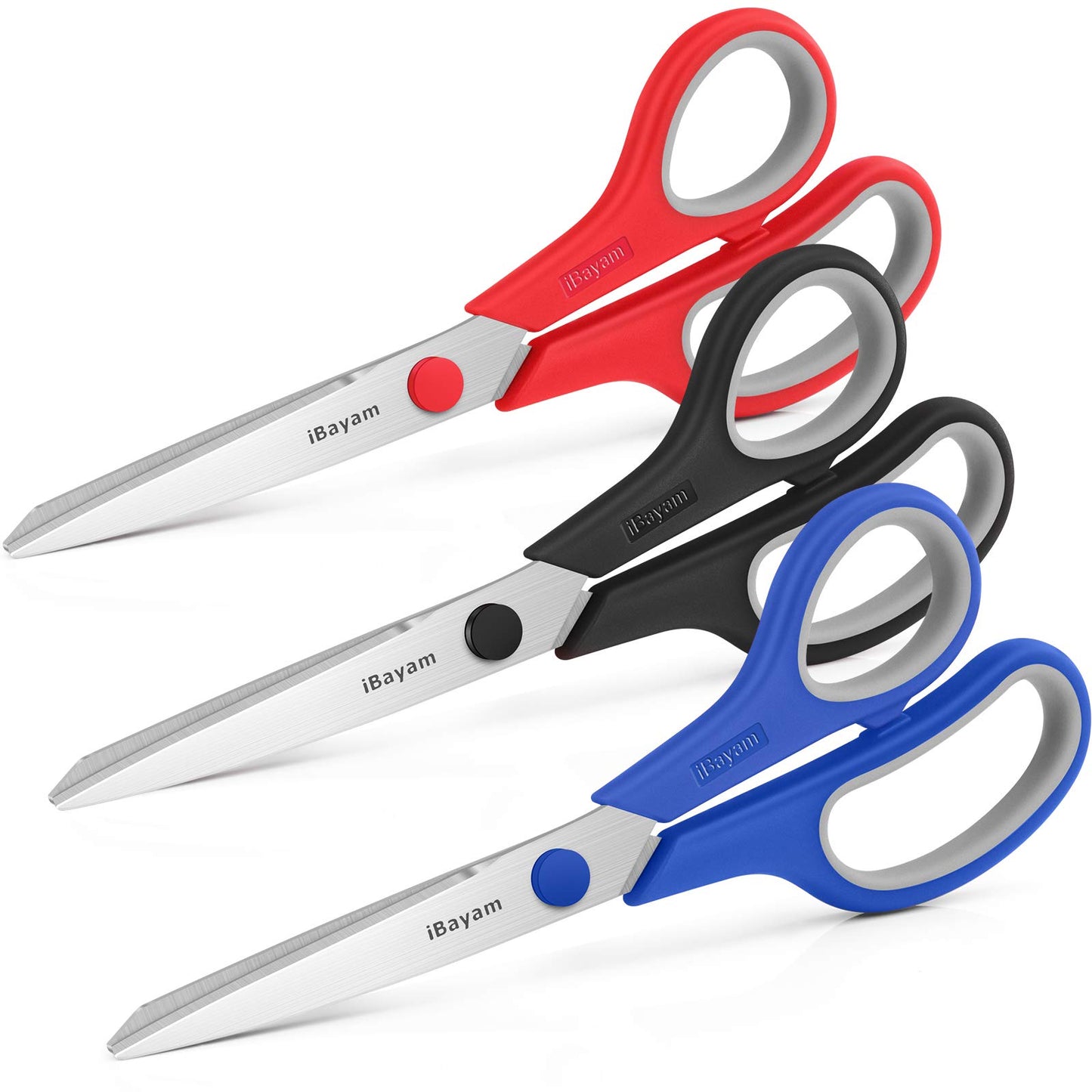 Scissors, iBayam 8" All Purpose Scissors Bulk 3-Pack, Ultra Sharp 2.5mm Thick Blade Shears Comfort-Grip Scissors for Office Desk Accessories Sewing Fabric Home Craft School Supplies, Right/Left Handed