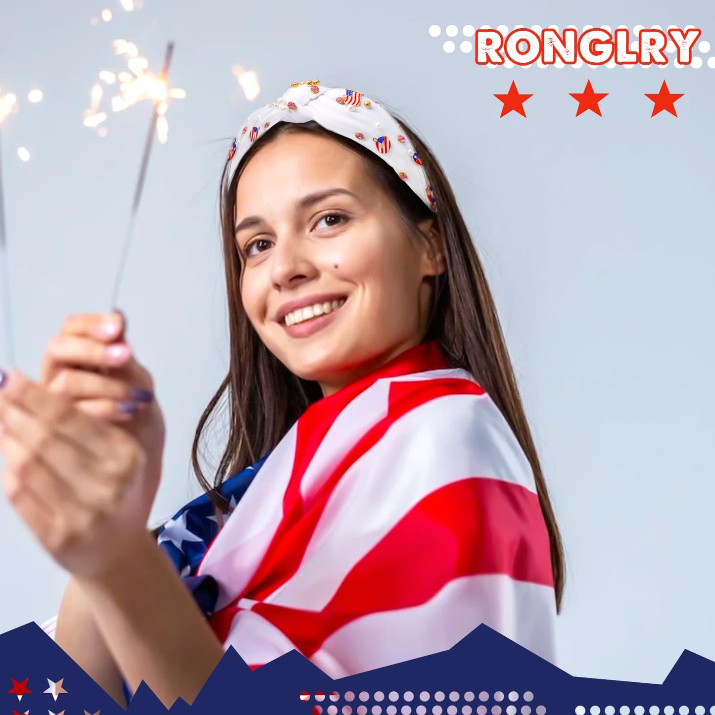 Ronglry 4th of July Headband for Women Patriotic American Flag Headband Red White and Blue Headband Crystal Heart USA Knotted Wide Headbands Independence Day 4th of July Accessories Gifts-White