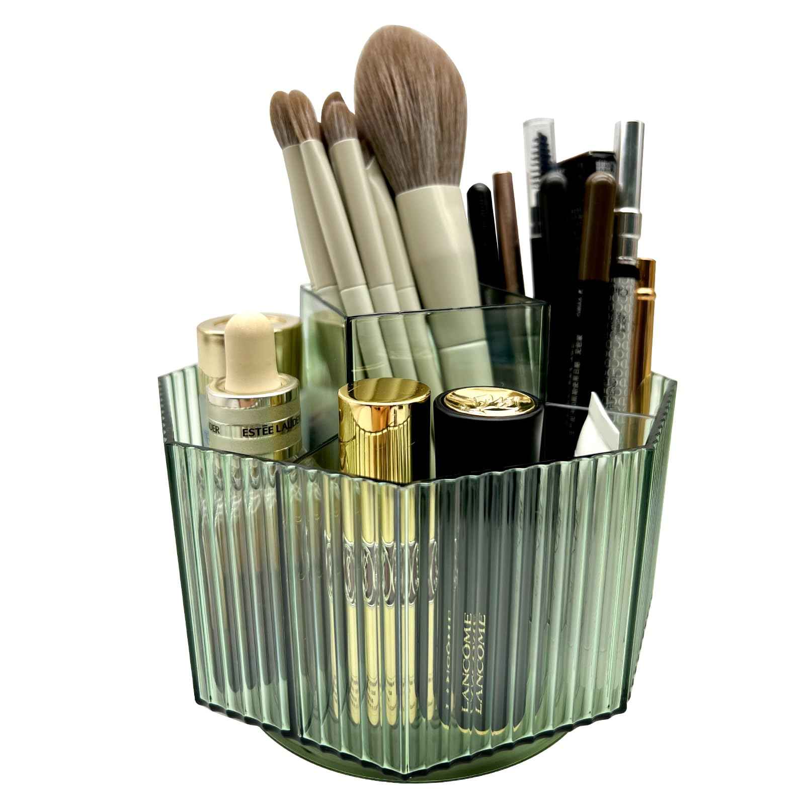 LiteTour Rotating Desk Organizer, Multi-Compartment Makeup Brush Holder, Skincare Storage, Office Supplies, Stationery, Home & Countertop Organizer for Vanity, Bathroom & Kitchen Crystal Green 360°