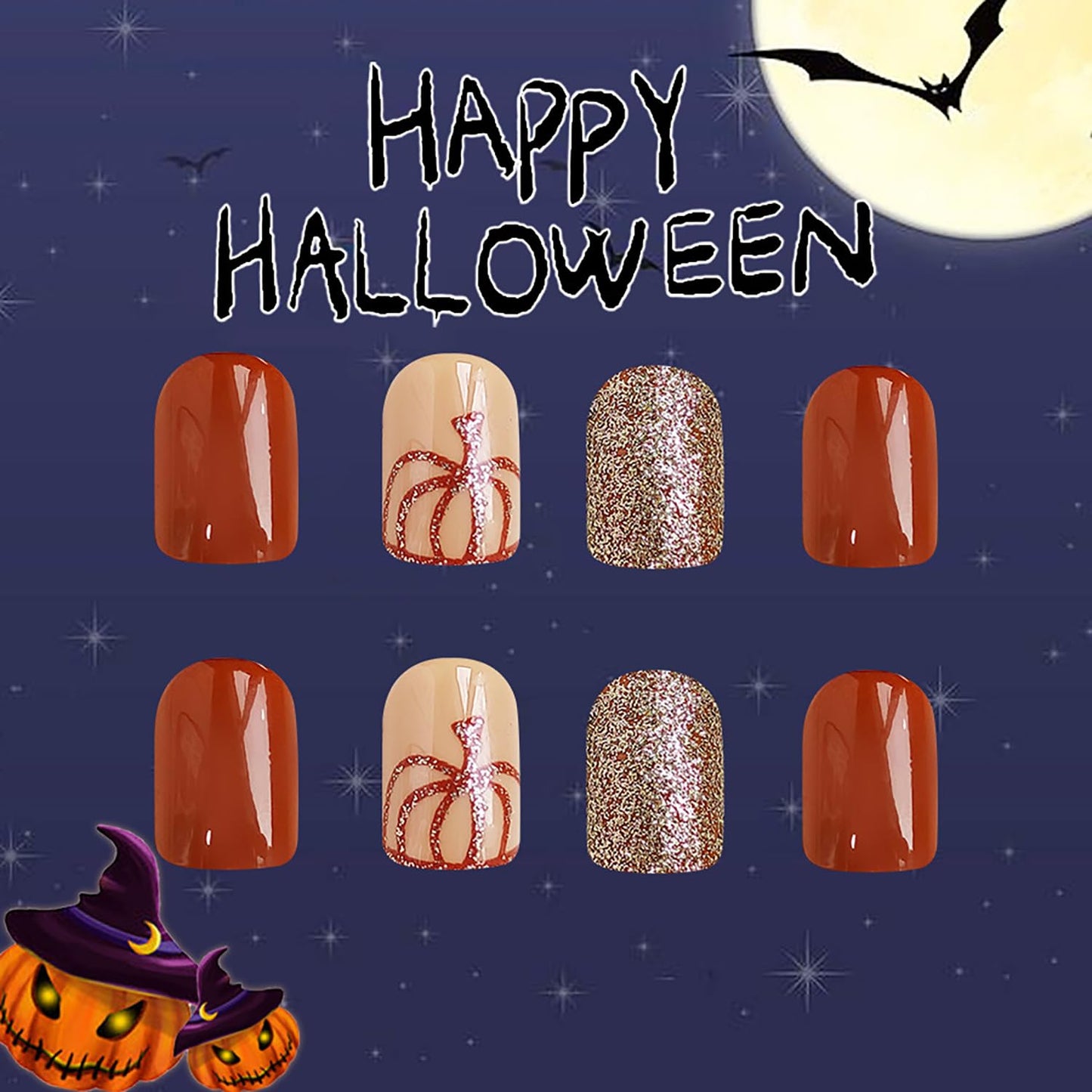 Halloween Press on Nails Short Square Fall Fake Nails Full Cover Glitter False Nails with Pumpkin Designs Cute Acrylic Nails Glossy Glue on Nails Caramel Color Artificial Nails for Women Girls 24Pcs