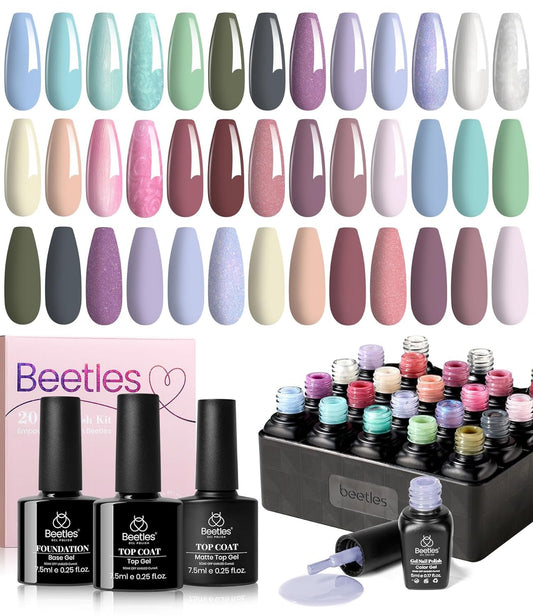 beetles Gel Nail Polish Set-23 Pcs Gel Nail Polish Neutral Pink Gray Blue Green White Gel Nail Polish with Base Coat and Matte&Glossy Top Coat Gel Nail Polish Manicure Kit Soak off Uv Gift for Women