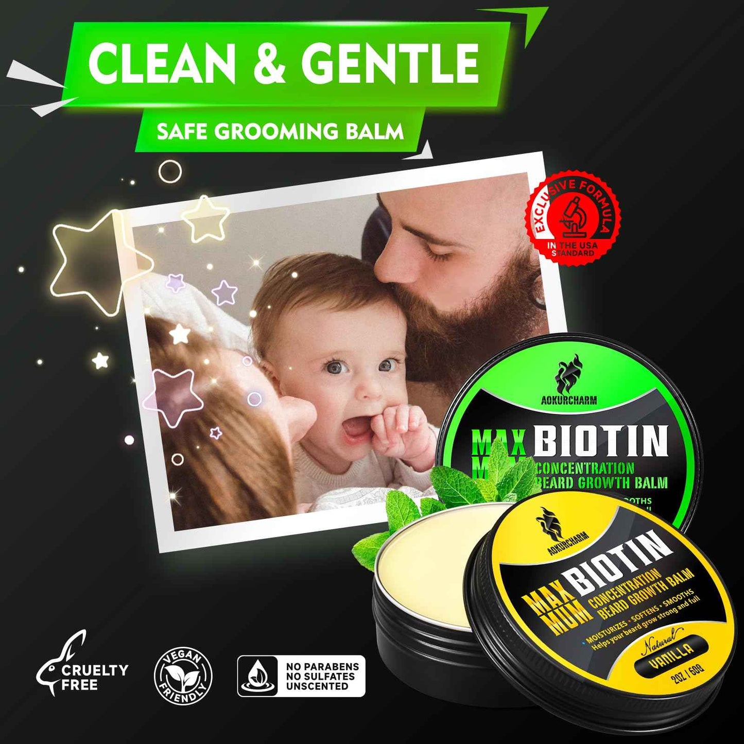 aokur 2 Pack Beard Balm for Men – Vanilla & Unscented – Biotin Beard Conditioner for Softening, Styling & Supporting Beard Growth – Gift Set for Father’s Day, Anniversaries & Christmas