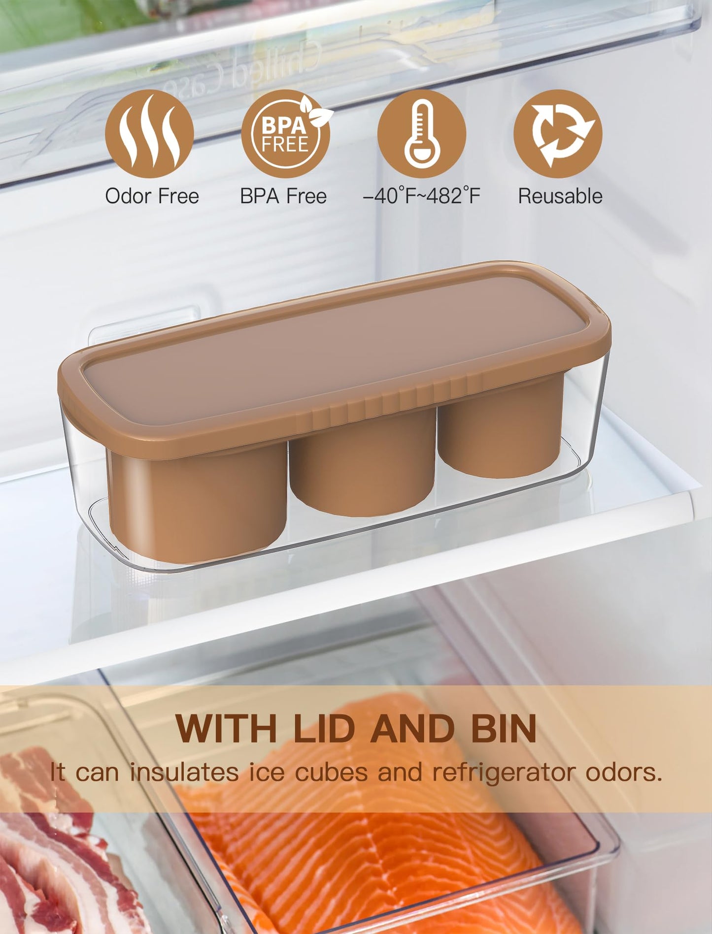 Ice Cube Tray for 30Oz-40Oz Tumbler, 3 Pcs Silicone Hollow Cylinder Ice Mold with Lid and Bin for Freezer, Ice Drink, Juice, Whiskey, Cocktail (Brown, 40 Oz)