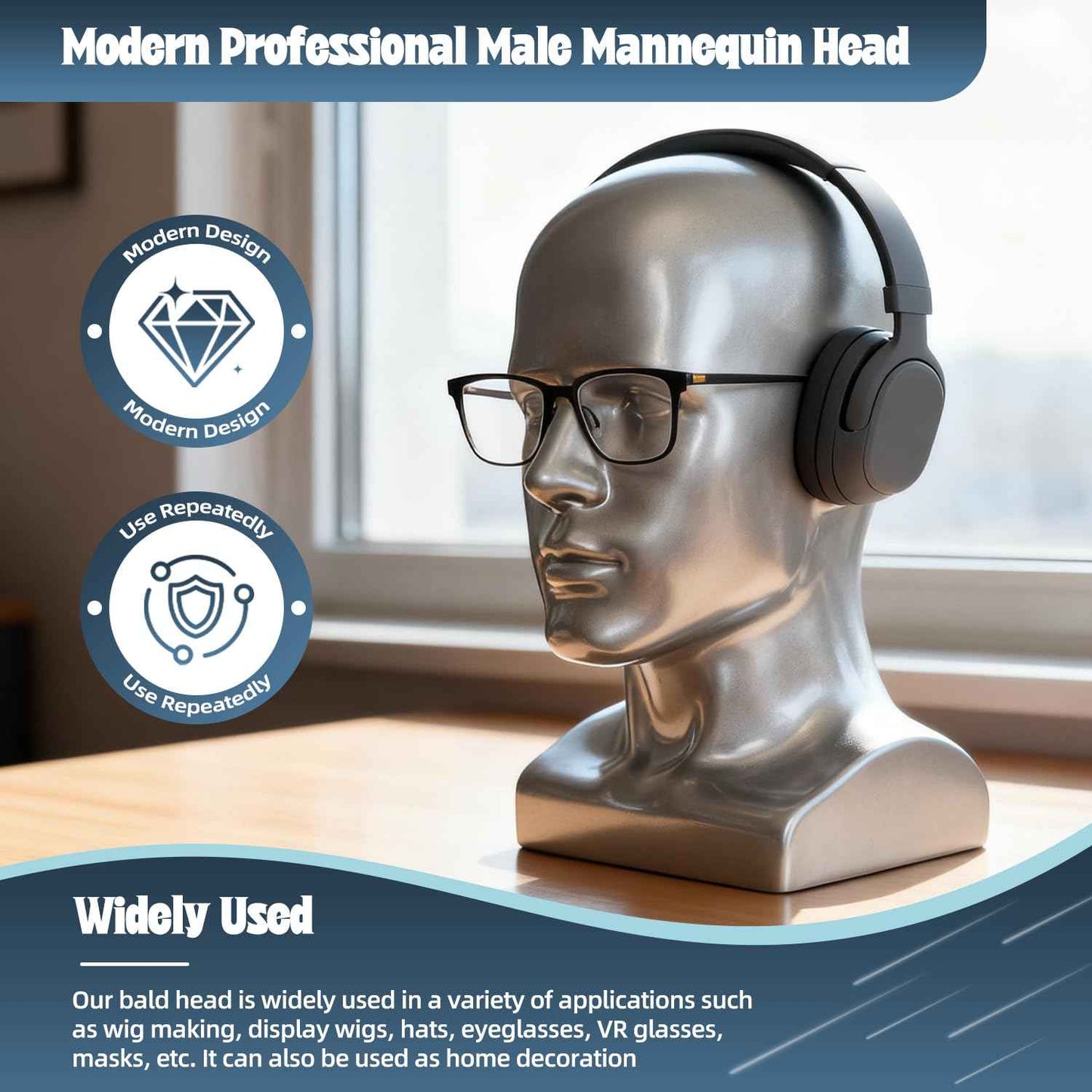 Male Mannequin Head, Metallic Gray Male Mannequin Head with Stand Professional Manikin Head, Bald Training Head for Display Wigs (Gray)