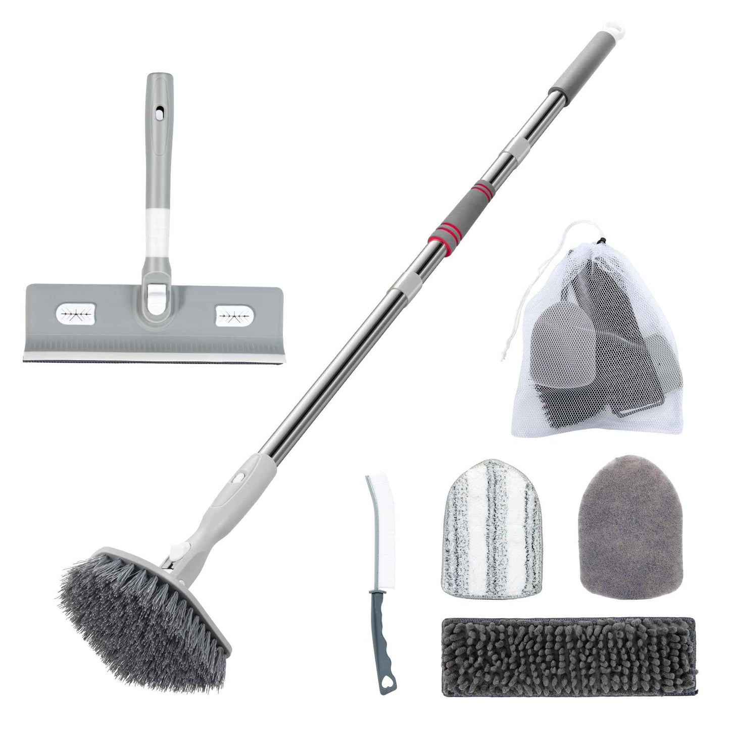 Tile Tub Floor Cleaner Scrubber With Long Handle - 5-in-1 Shower Brush Set for Bathroom, Kitchen, Walls, Sink - Includes Window Scraper and 3 Detachable No Scratch Heads