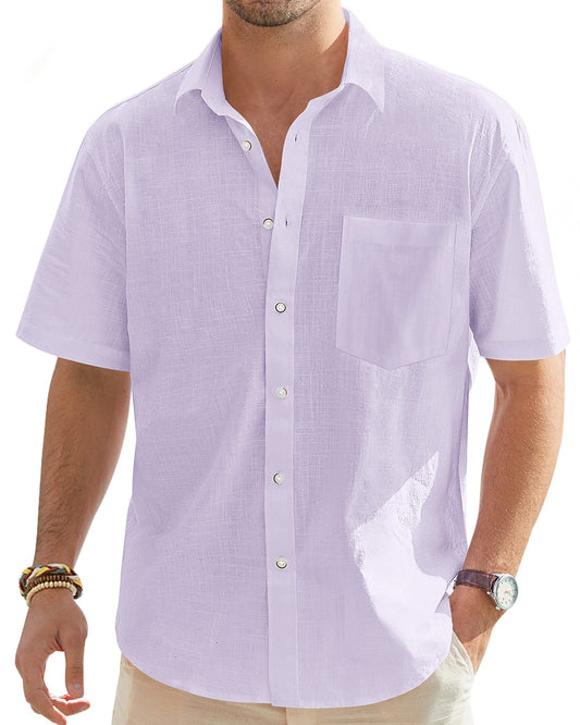 J.VER Mens Short Sleeve Button Down Shirt Solid Casual Linen Shirt Summer Vacation Clothes with Pocket Light Purple Medium