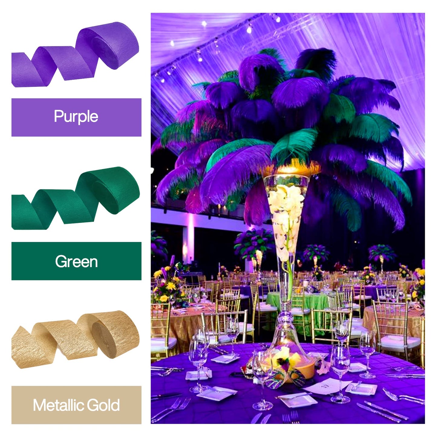 PartyWoo Crepe Paper Streamers 6 Rolls 492ft, Pack of Gold, Purple and Green Crepe Paper for Birthday Decorations, Mardi Gras Decorations, Masquerade Party Decorations (1.8 Inch x 82 Ft/Roll)