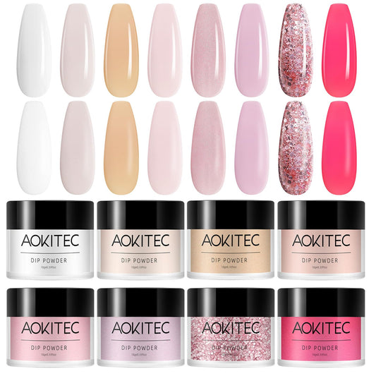 Aokitec 8 Colors Dip Powder Nail Set, Milk white Pink Brown sheer Collection Glitter Pastel Dipping Powder Starter Kit French Nail Art Manicure DIY Salon Home Gifts for Women, No Need Nail Lamp Cured