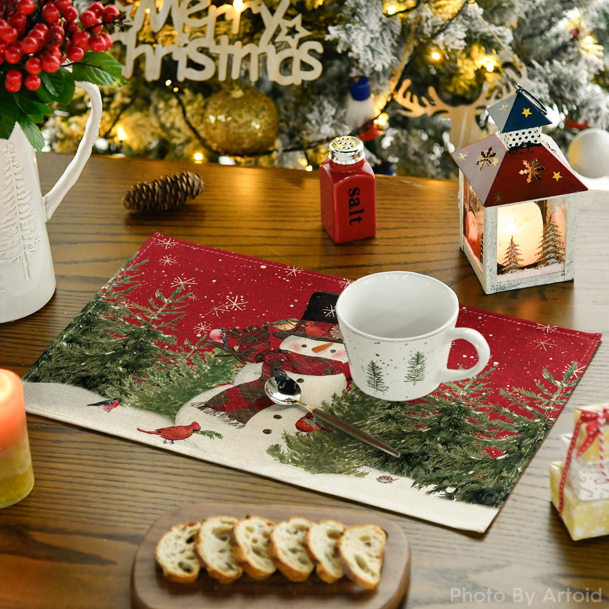 Artoid Mode Red Snowman Trees Bird Christmas Placemats Set of 12, 12x18 Inch Seasonal Winter Table Mats for Party Kitchen Dining Decoration