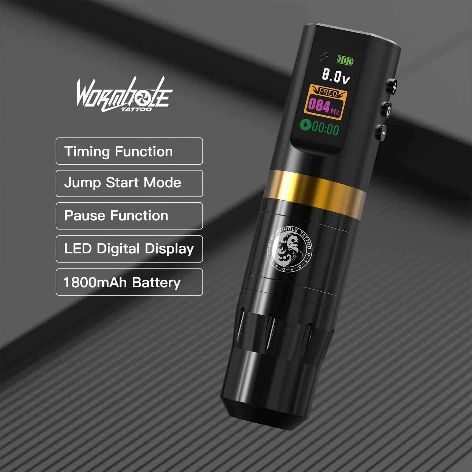 Wormhole Tattoo 58Pcs Complete Tattoo Gun Kit - Aluminum Alloy LED Smart Tattoo Pen Wireless Tattoo Machine with 1800mAh Battery for Tattoo Beginners - Black WTK313