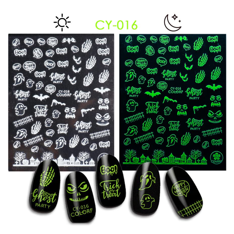 6 Sheets Party Luminous Nail Art Stickers, Santa Claus Snowman Christmas Tree Elk Ghost Snake Spider Web Skull & Crossbones Glow in The Dark Nails Decals, Christmas Eve Festival Holiday Nail Charms