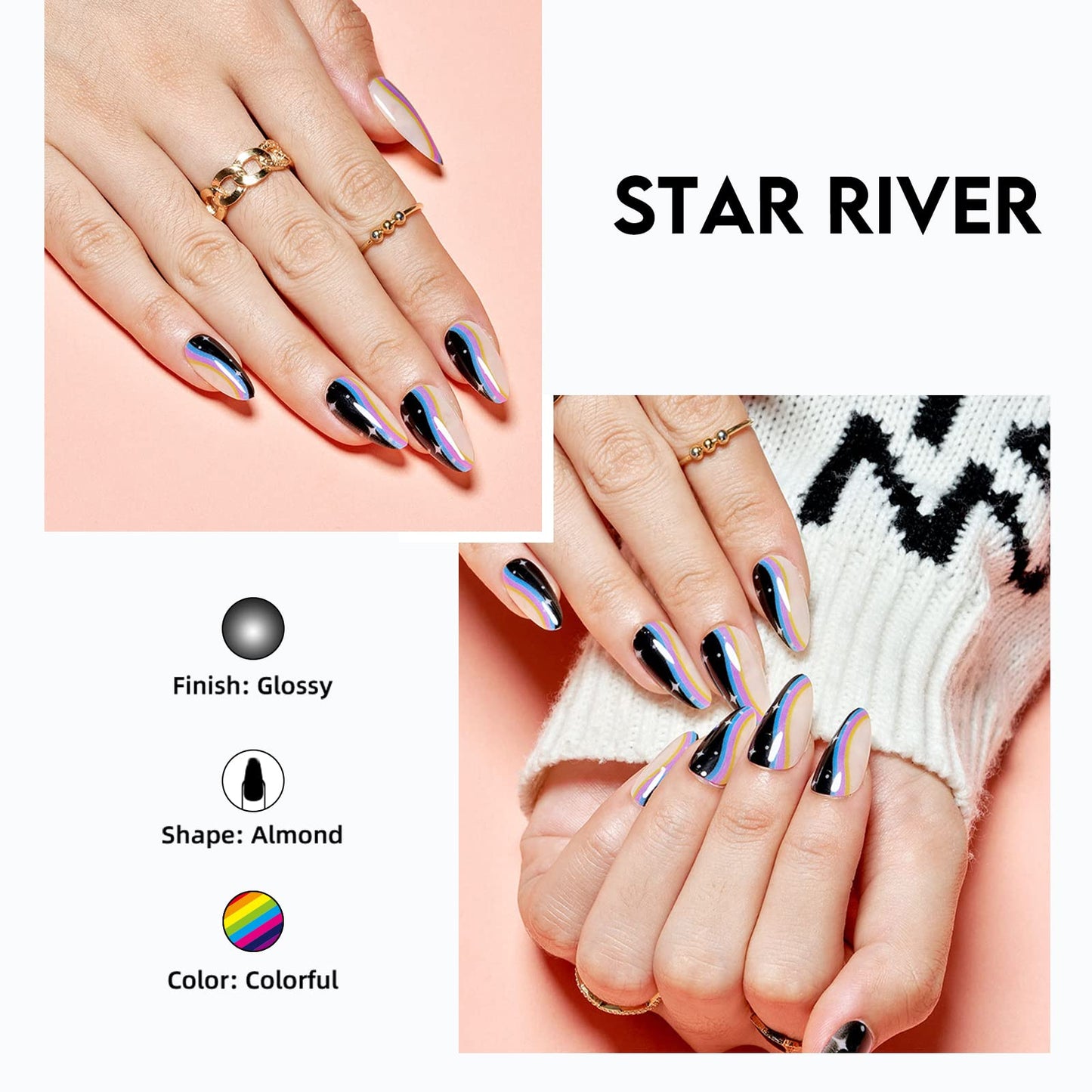 GLAMERMAID Black Press on Nails Medium Almond, Short Oval Fake Nails with Gothic Sun Star Moon Design, Glitter Jelly Gel Acrylic False Nail Kits for Women, Stiletto Reusable Stick Glue on Nails Sets