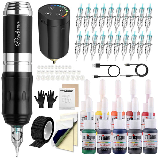 STIGMA Cordless Tattoo Gun Kit Complete with Pro Machine Pen, 1400 mAh Battery, 20 Tattoo Cartridge Needles, Ink Color Set, Full Tattoo Accessories STP35KITP802-5