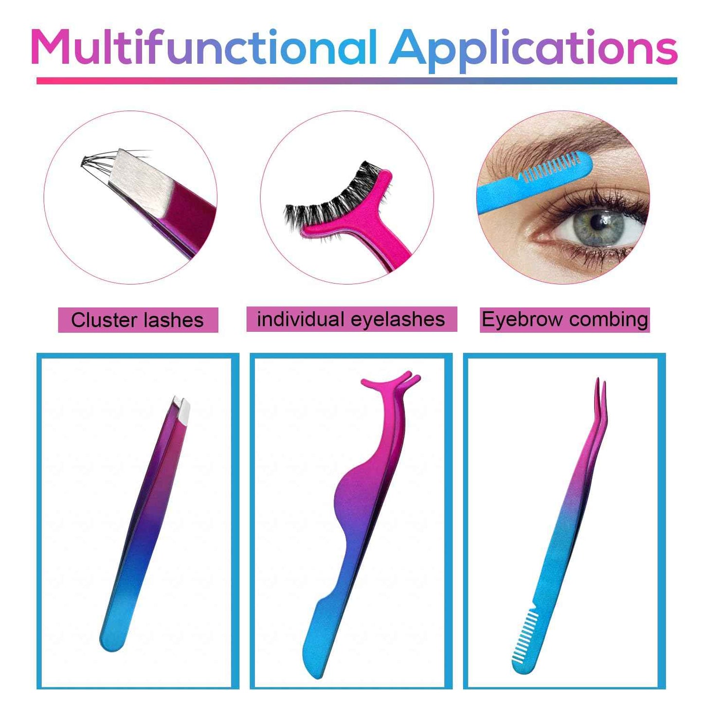 3pcs Eyelash Tweezers, 3 Styles Lash Tweezers with Comb Stainless Steel False Lash Application Tool Eyebrow Tweezers Makeup Tool for Cluster Individual Lash (Purple Blue Gradient)