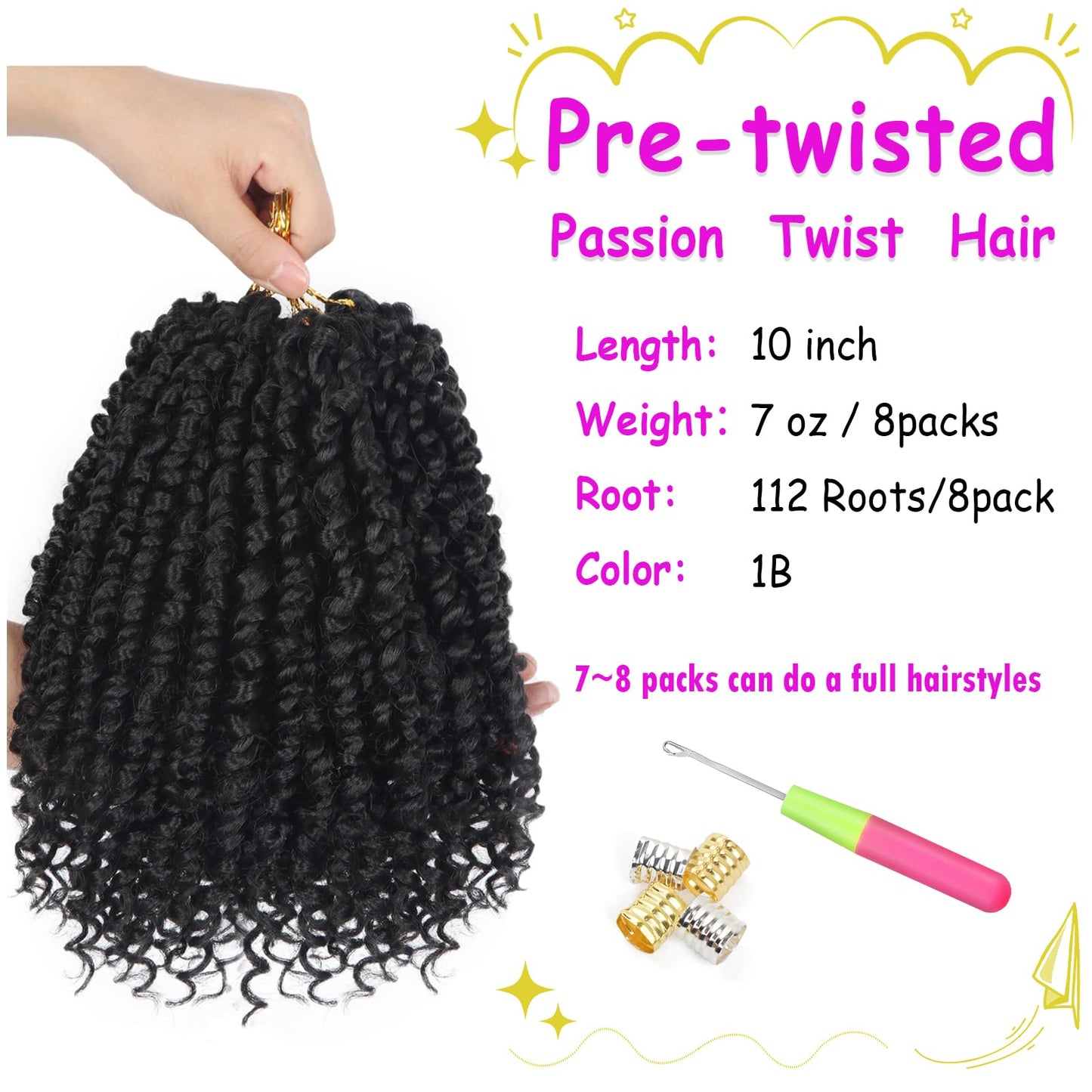 Bileaf 8 Packs Passion Twist Crochet Hair 10 Inch Pre-twisted Short Crochet Passion Twist Hair, Pre Looped Passion Twist Crochet Braids Bohemian Crochet Hair 1B