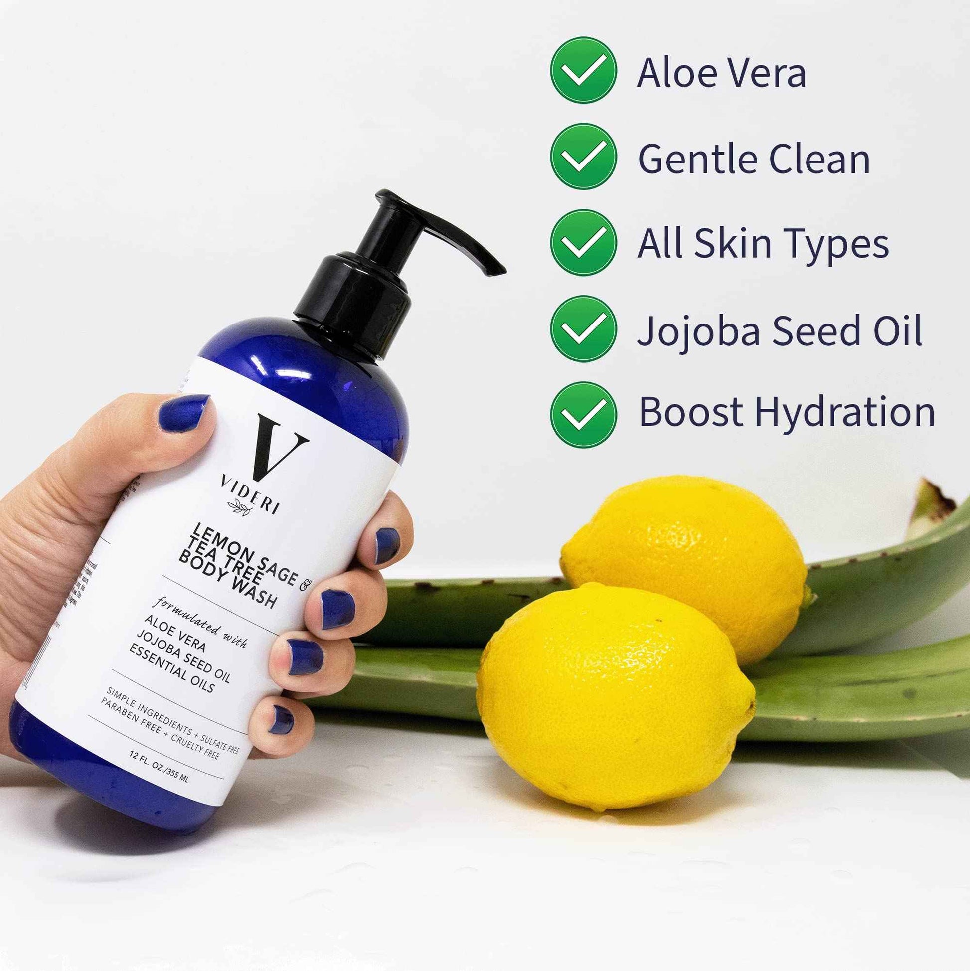 Videri Sulfate Free Body Wash for Sensitive Skin Lemon Sage & Tea Tree Body Wash - Essential Oils, Aloe Vera & Jojoba - Antioxidant Rich, Gentle on Skin & Fresh Citrus Scent - Large 12 fl oz