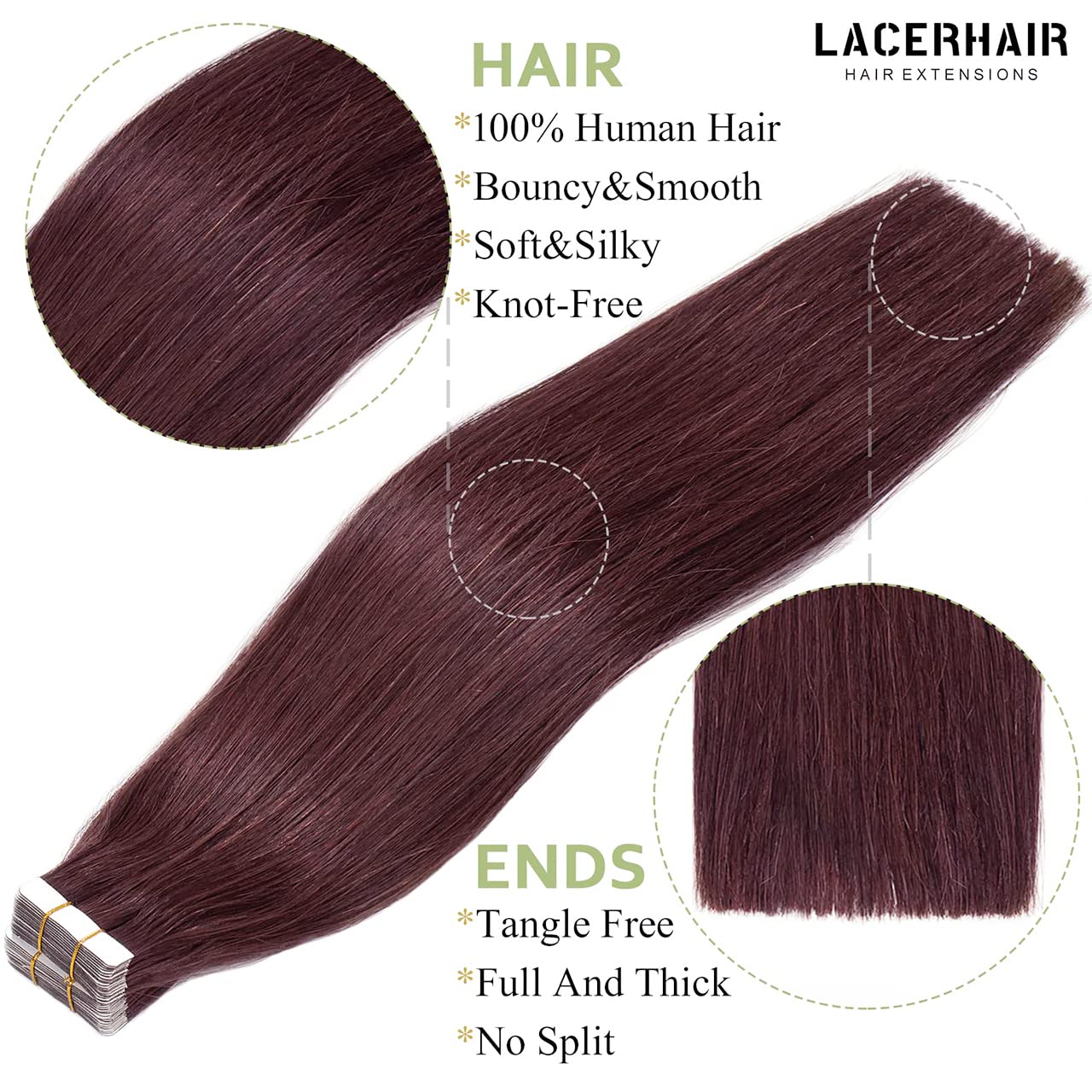 Lacer Natural Human Hair Tape in Extensions Invisible Double Sided Straight Red Wine Burgundy #99J Glue In Hair Extensions Human Hair 50g 20pcs 18 Inch