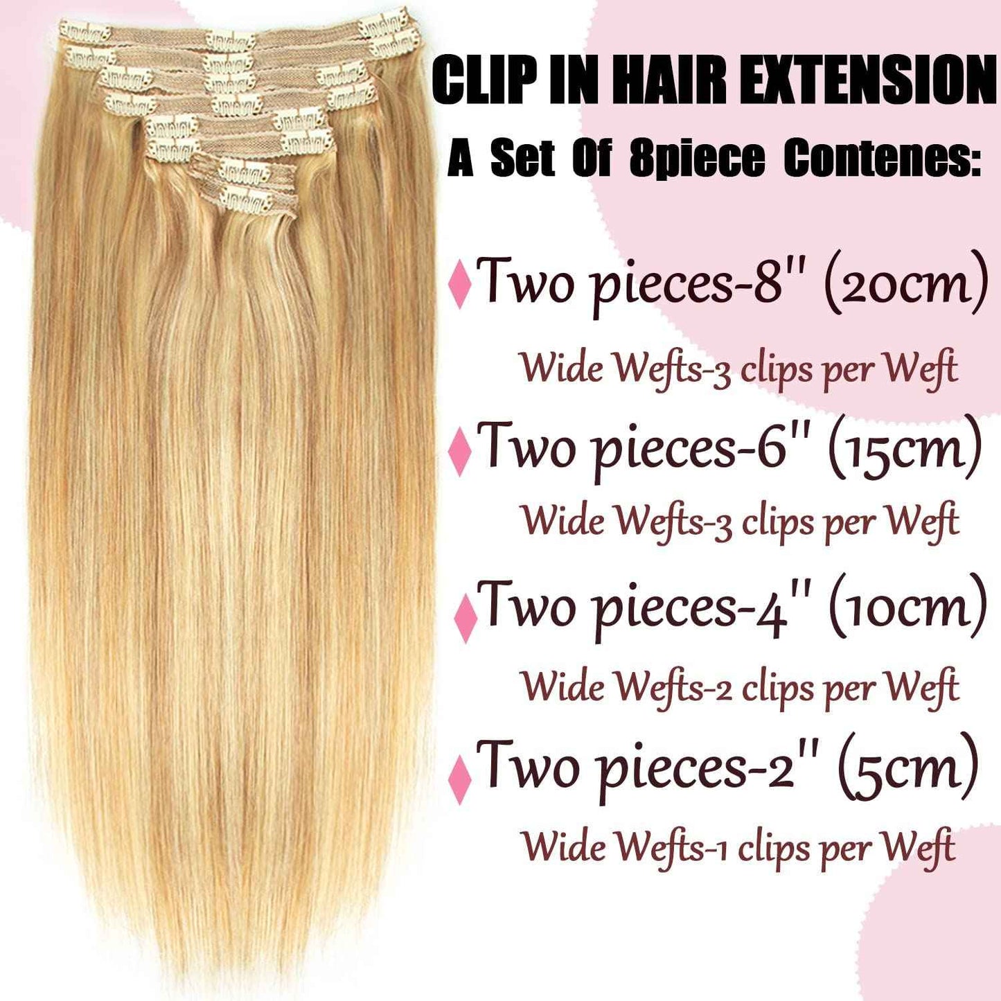 Human Hair Clip in Extensions Dark Blonde Highlighted Bleach Blond Full Head Silky Straight Clip in Natural Remy Human Hair Extensions 120g 8pcs (14 inch, 18/613)
