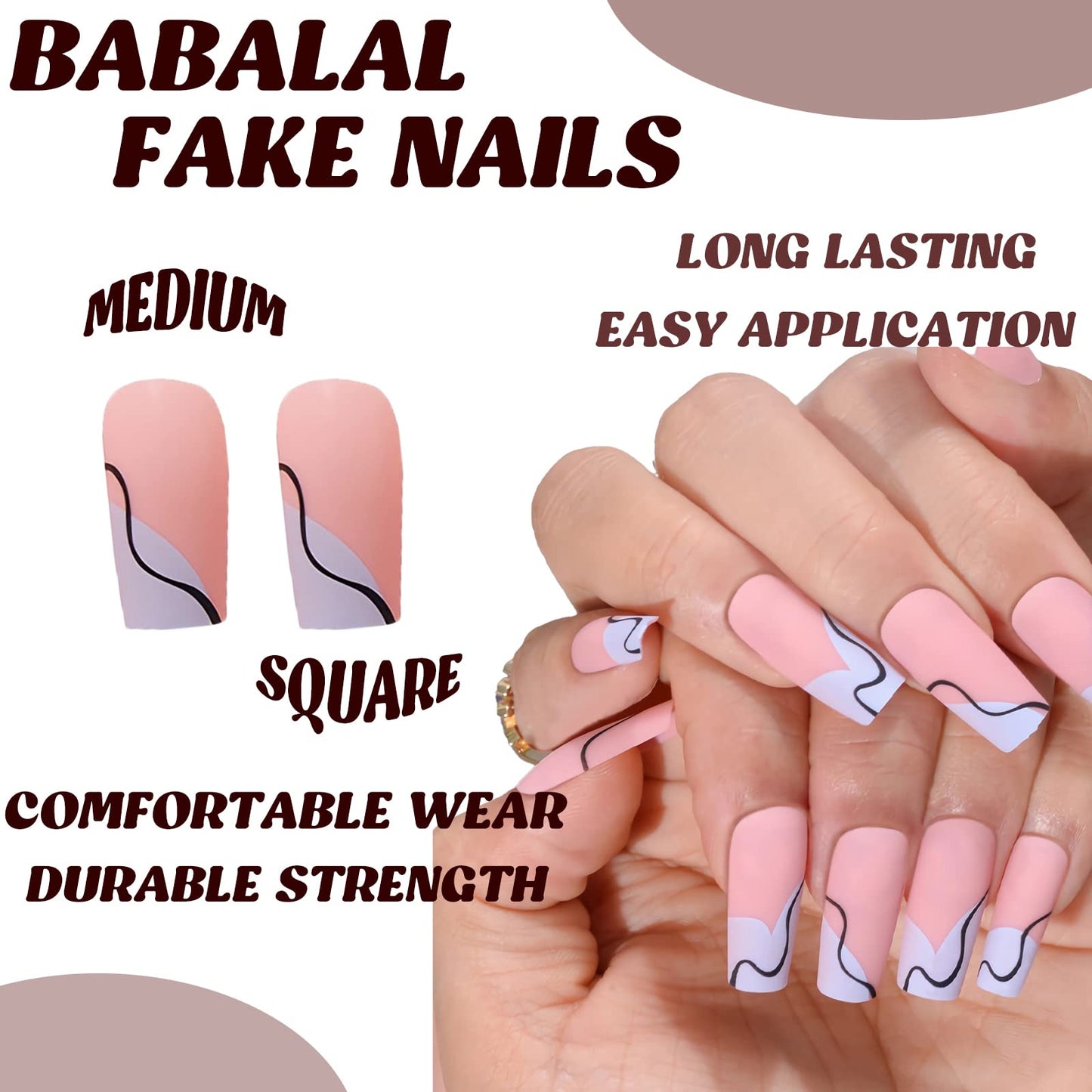 BABALAL Square Press on Nails Medium Fake Nails PInk Blue Acrylic Nails 24Pcs Matte Squoval Stick on Nails